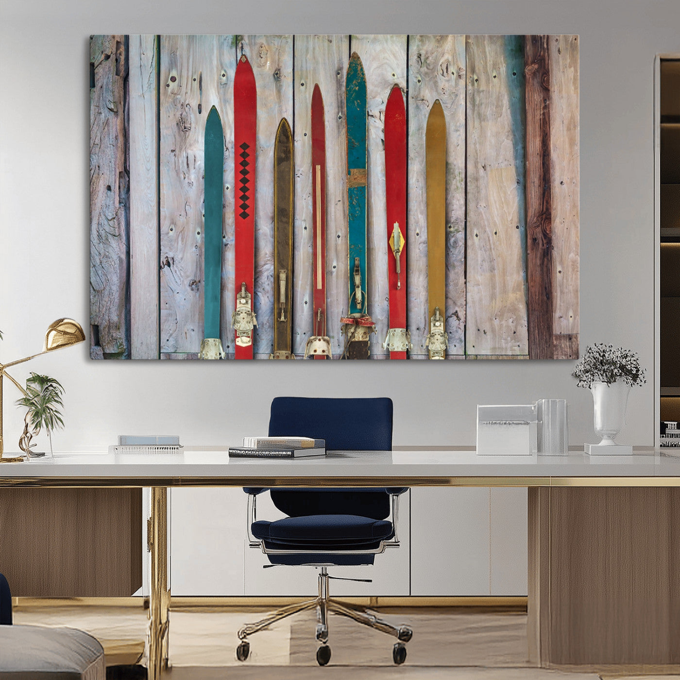 -Vintage Wooden Weathered Ski's in Front of an Old Barn Wall Art Canvas Print for Farmhouse, Cabin