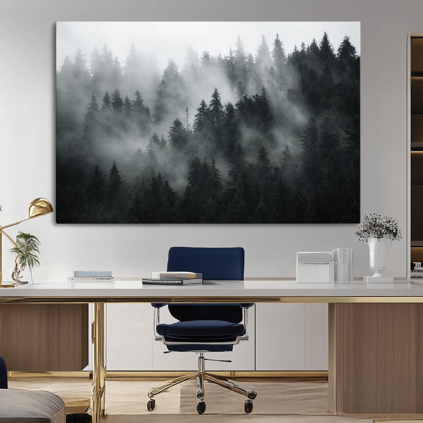 52359-MGV-CV-36X24-Foggy Forest Wall Art Canvas Print | 3 Panel Large Misty Landscape for Dining Room, Office, or