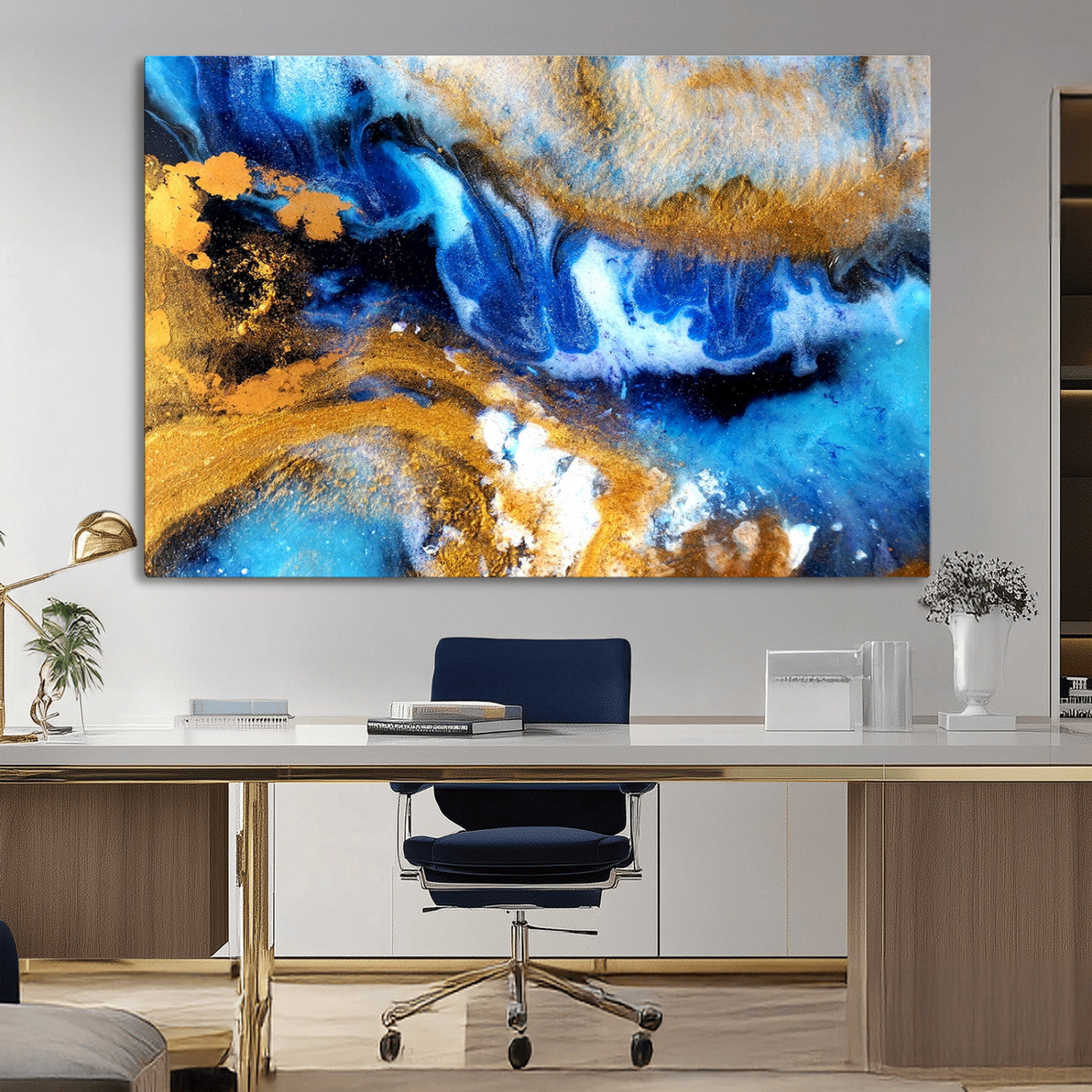 42100-MGV-CV-36X24-Blue Orange Marble Fluid Effect Canvas Wall Art Print