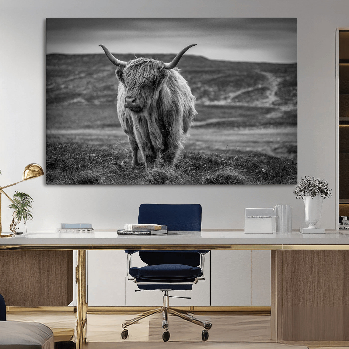 42995-MGV-CV-36X24-Fluffy Cattle Wall Art Print, Highland Cow Canvas, Framed Black and white Wall Art