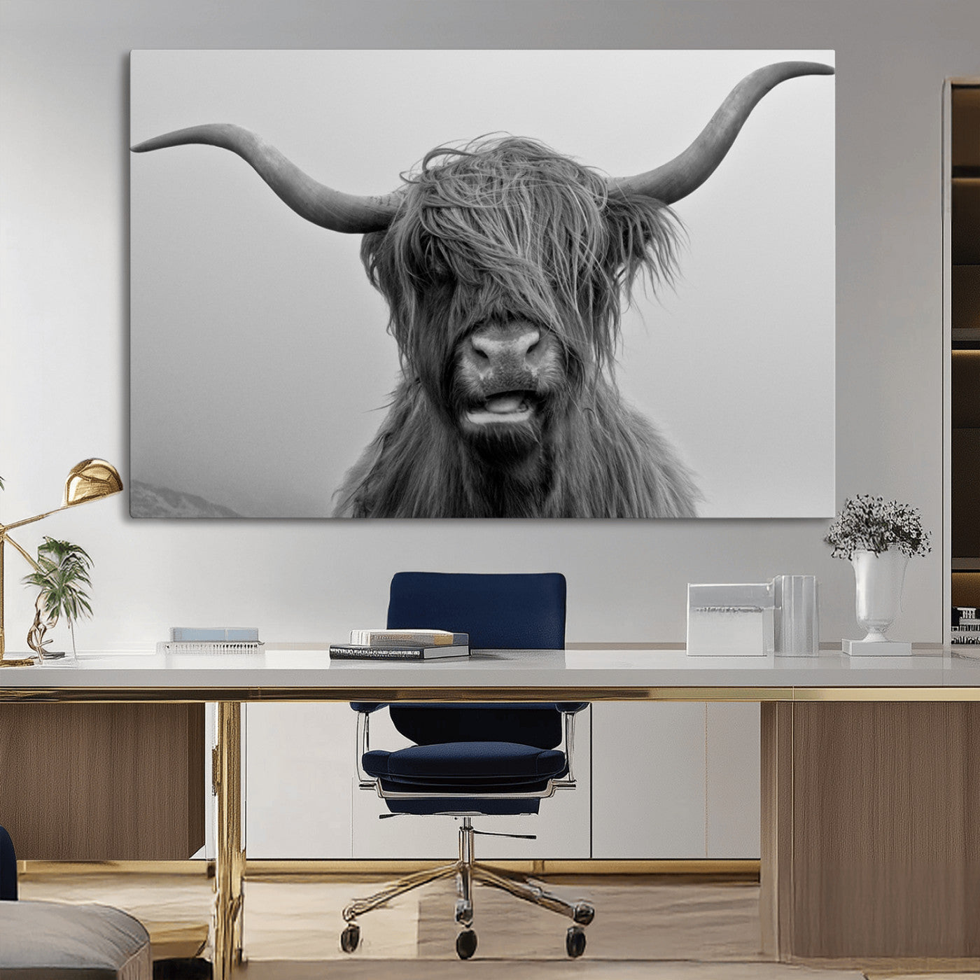 -Texas Cow Wall Art Canvas, Texas Longhorn Cattle Canvas Print