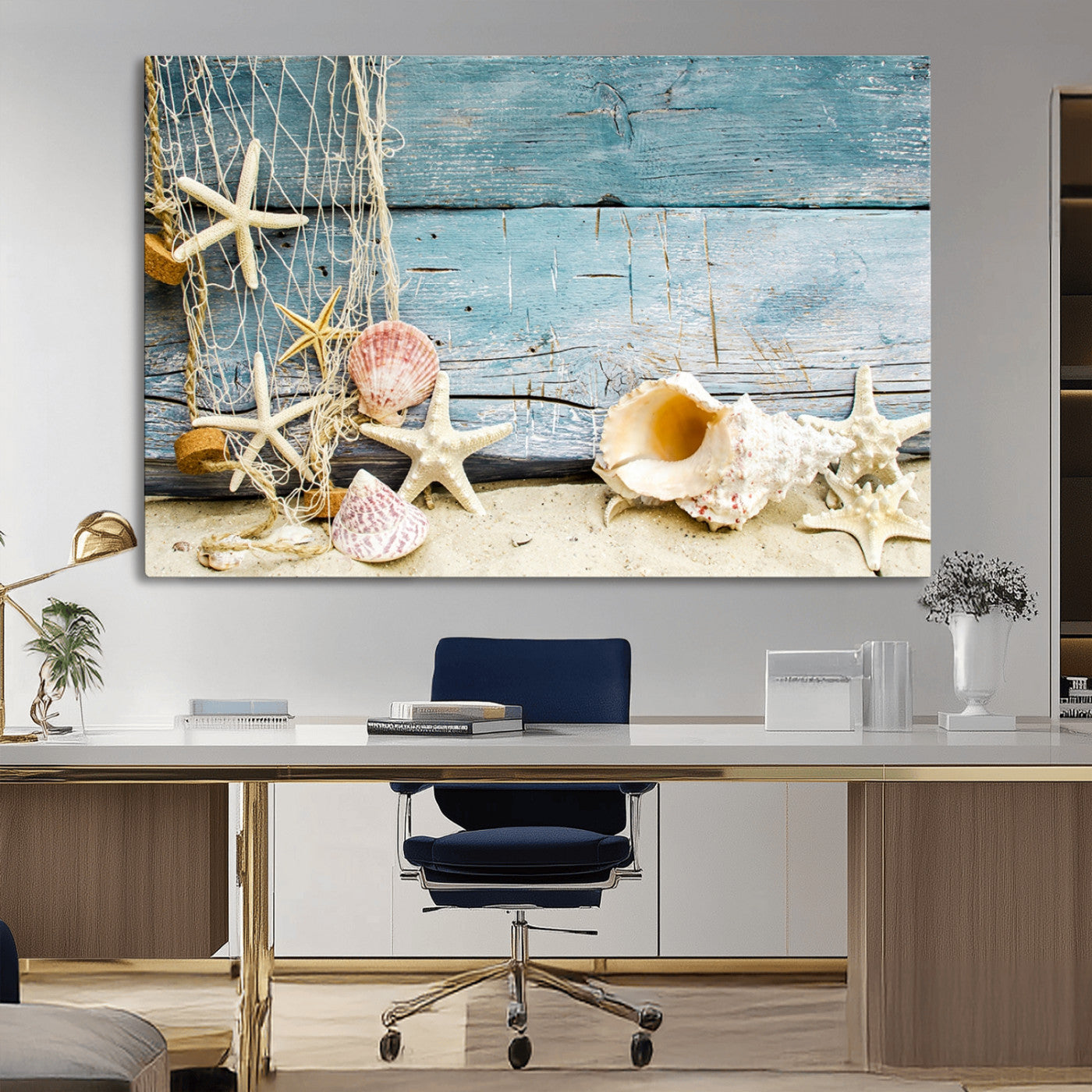 -Seashells on Rustic Wooden Background, Seashells Wall Art Canvas Print