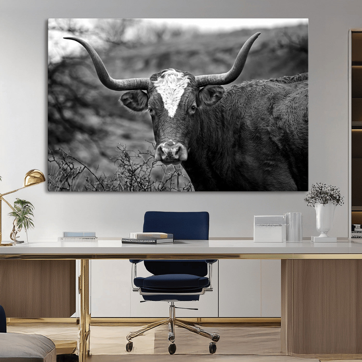 -Western Home Wall Art Canvas Print, Framed Texas Longhorn Art Picture Print, Rustic Cow Perfect Rustic Farmhouse Decor Artwork
