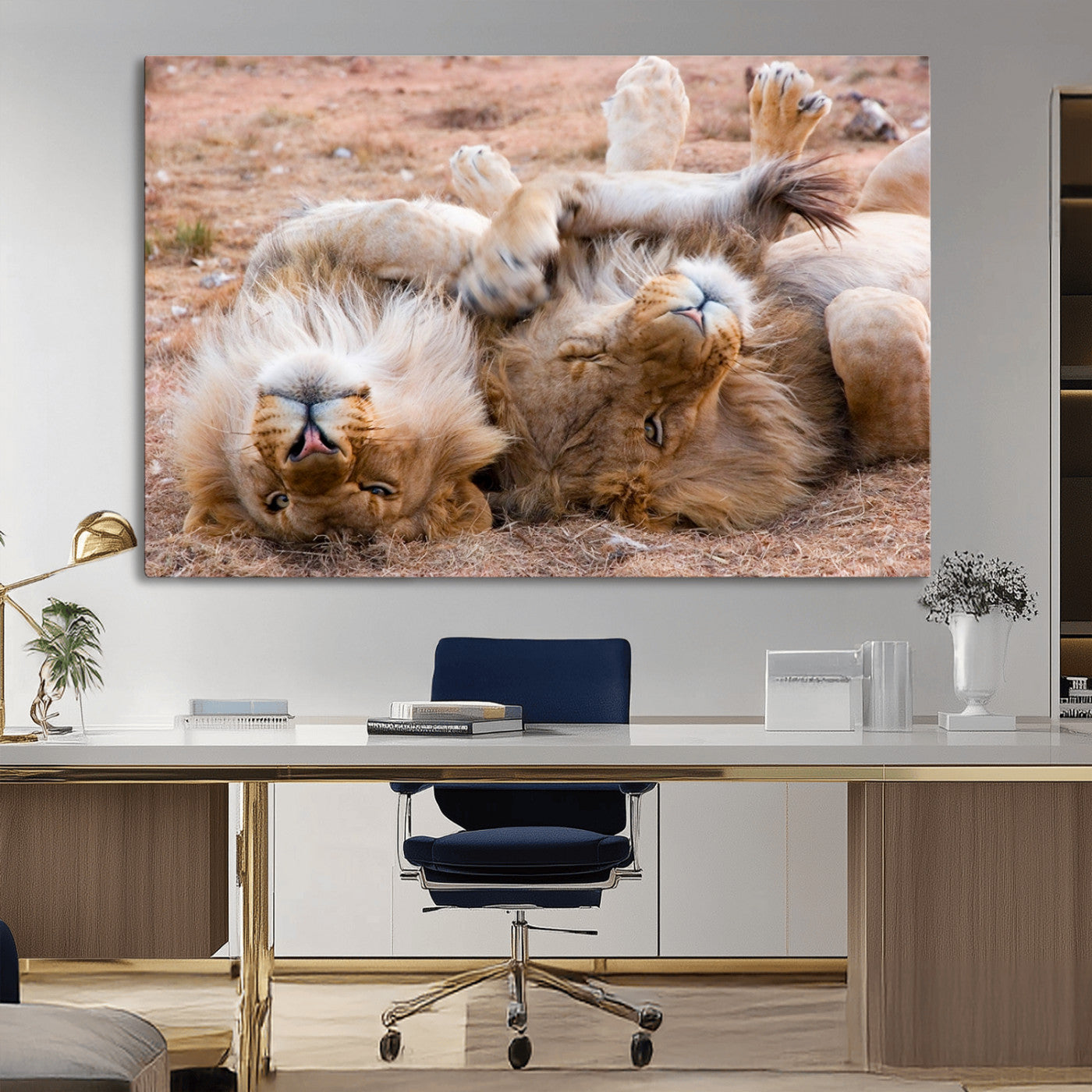 -Lion Pair Wall Art Canvas Print – Framed Wildlife Scene with Playful Lions Artwork for Home, Office, Living Room