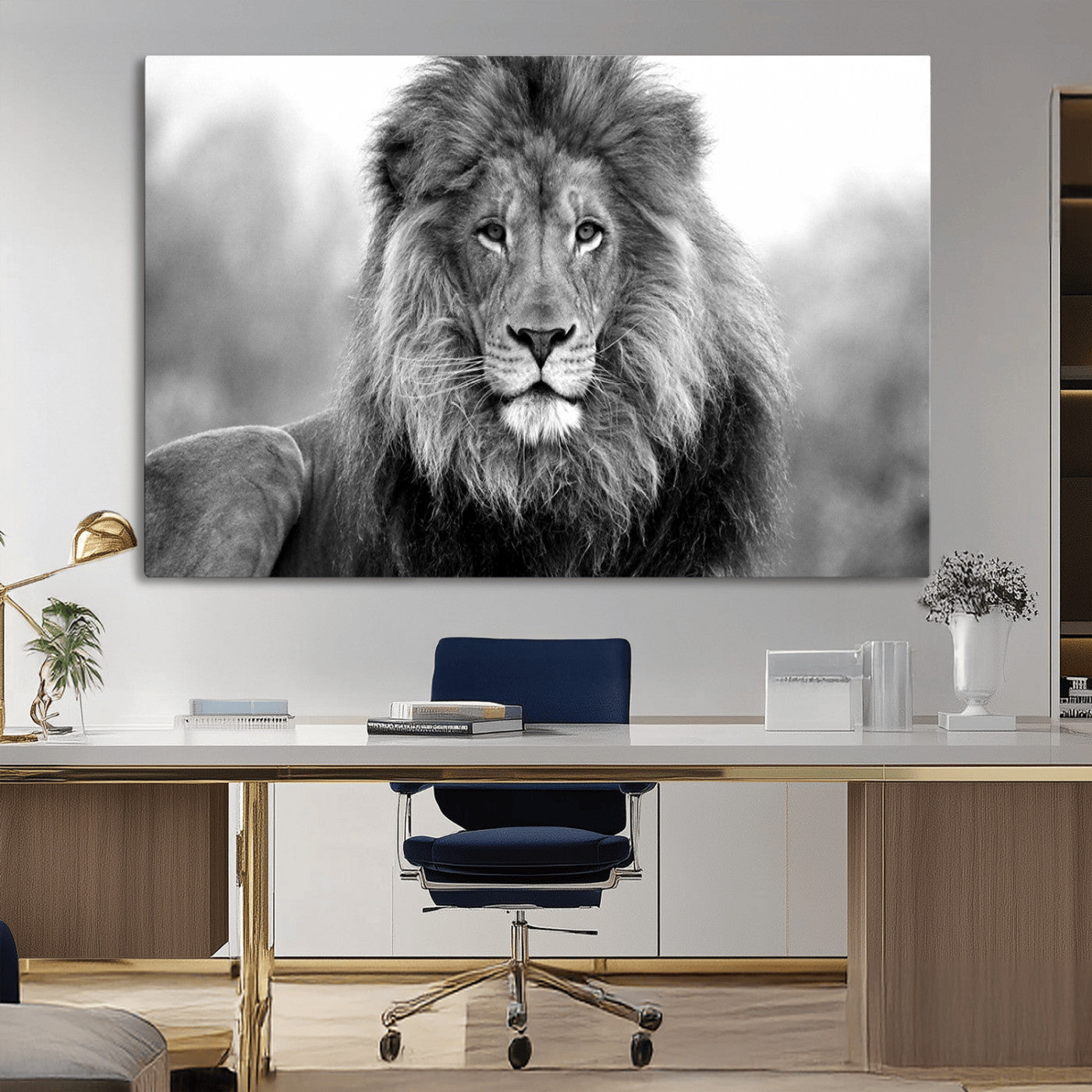 -Black and White Lion Canvas Wall Art – Animal Print Artwork for Home, Office, Living Room, Guest Room