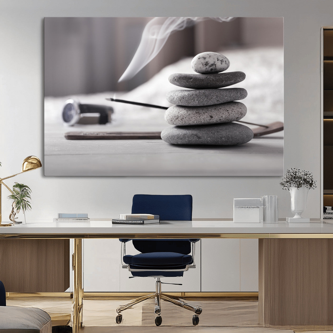 -Burning Incense and Zen Stones Buddhism Wall Art, Zen Stones Wall Art Canvas Print