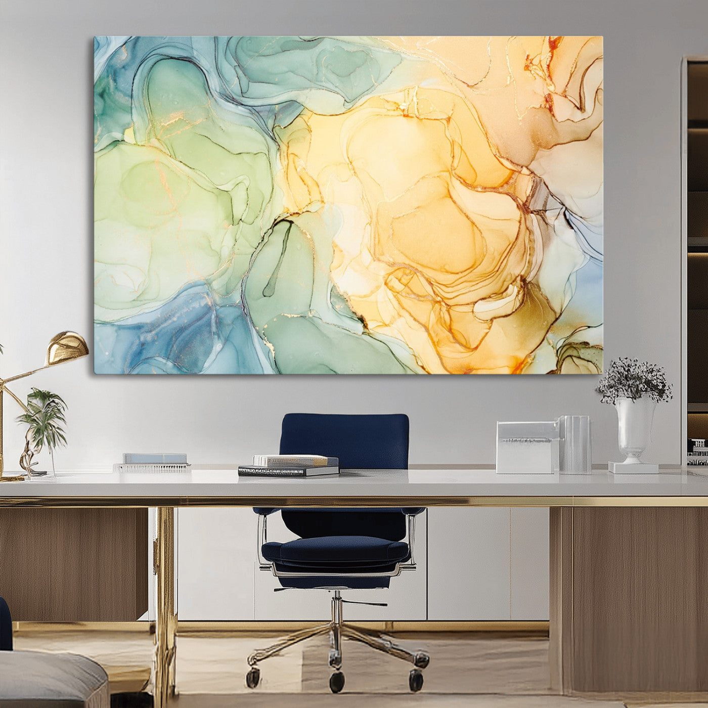 42195-MGV-CV-36X24-Green and Yellow Marble Fluid Effect Wall Art, Green and Yellow Marble Canvas Wall Art Print