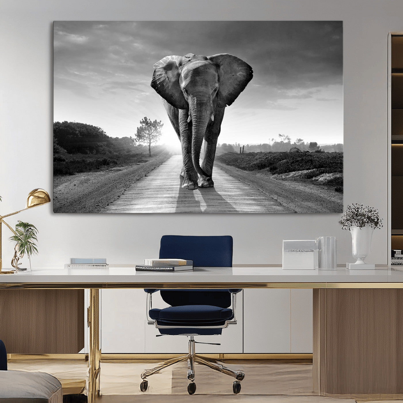 -Black and White Elephant Wall Art Canvas Print