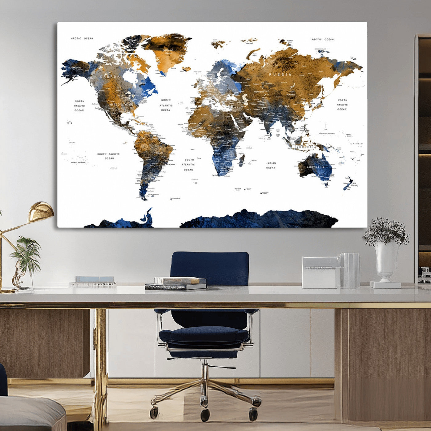 32677-MGV-CV-36X24-Modern Abstract World Map Canvas Wall Art – Framed Blue and Gold Map Print, Elegant Contemporary Travel Decor for Home and Office Walls