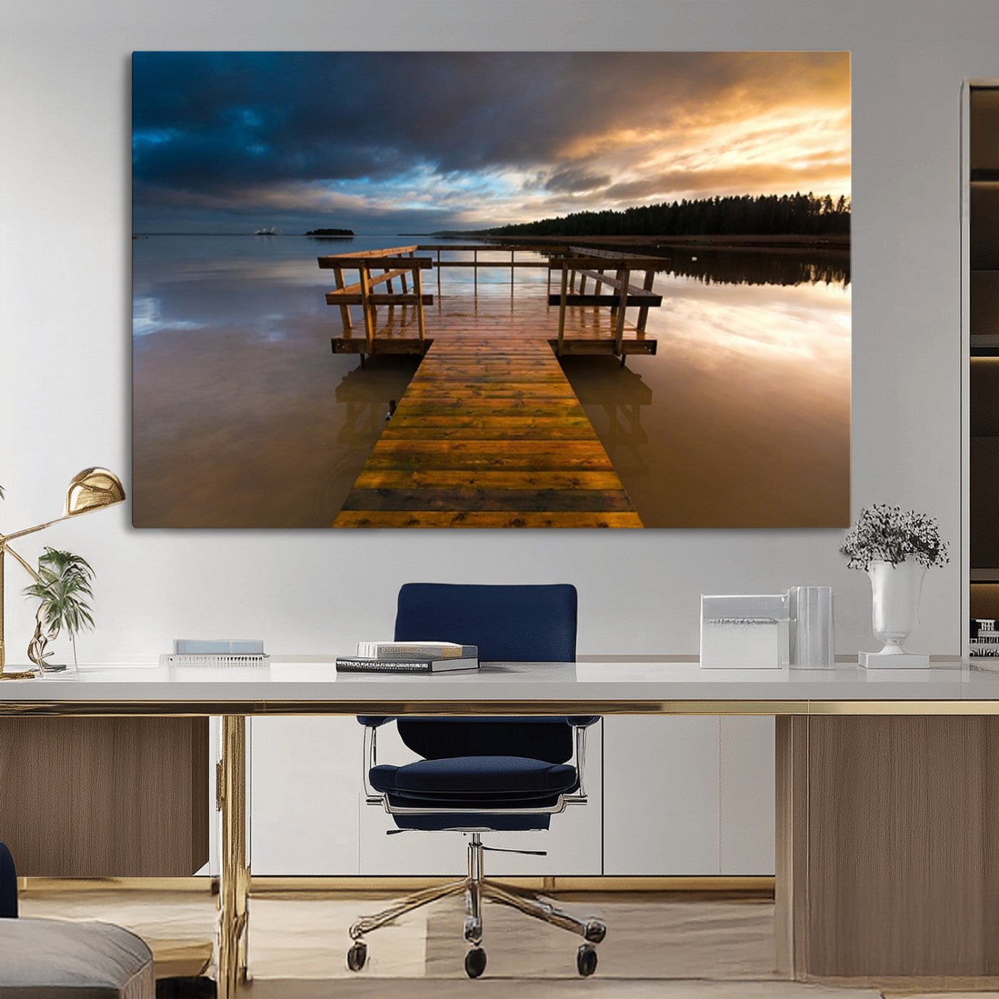 -Serene Lake Pier at Sunset Canvas Print | Landscape Canvas Print | Ready to Hang and Framed Wall Art