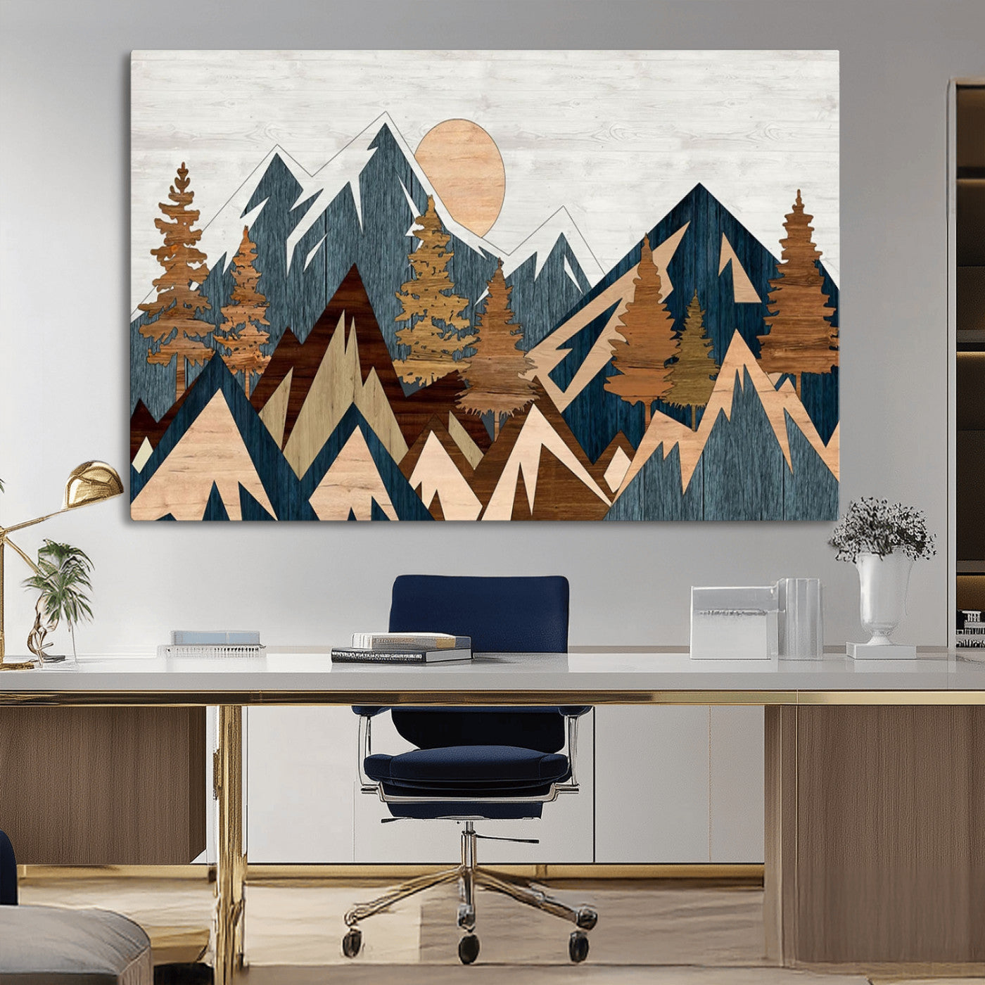 91467-MGV-CV-36X24-Abstract Wood Panel Effect Mountain Range Top Wall Art Canvas Print