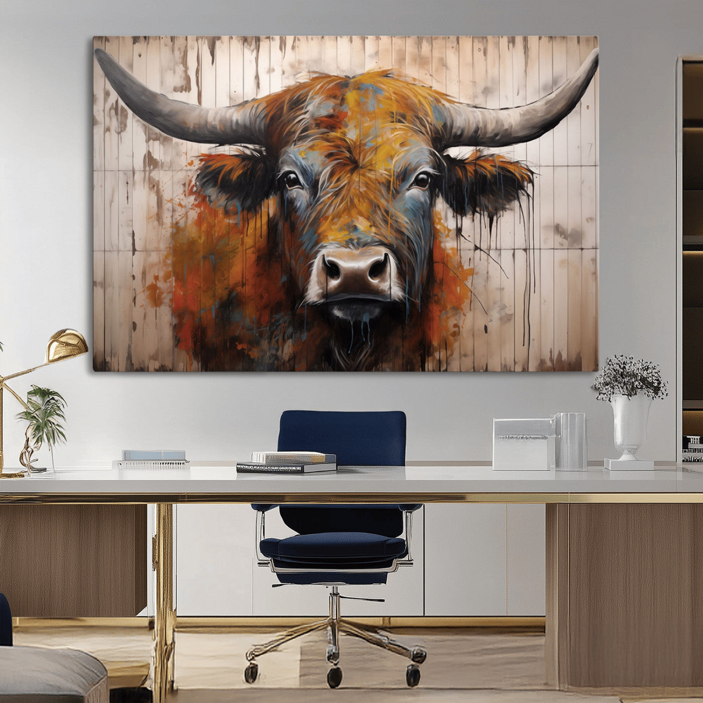 47284-MGV-CV-36X24-Scottish Highland Cow Cattle Art Print on Wood Style Background