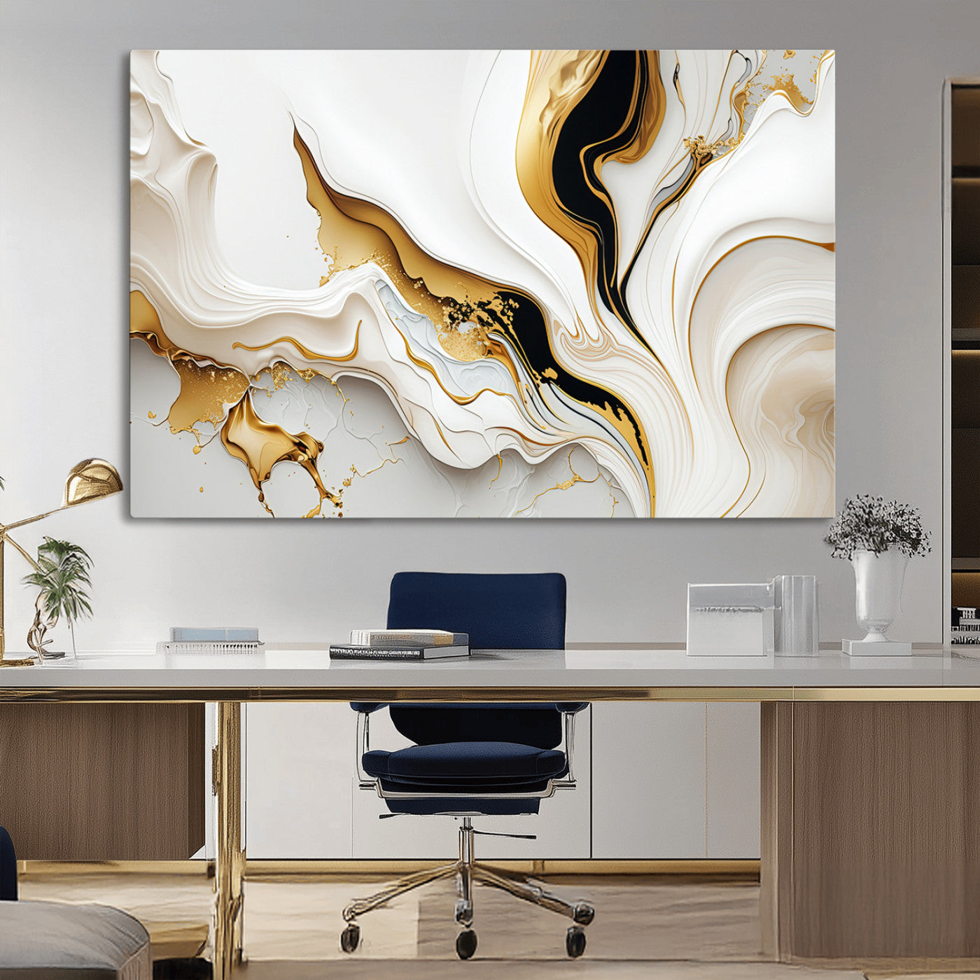 98637-MGV-CV-36X24-Gold Waves on Pure White Canvas – Gold Abstract Art for Modern Interiors | Wall Art Canvas, Framed &