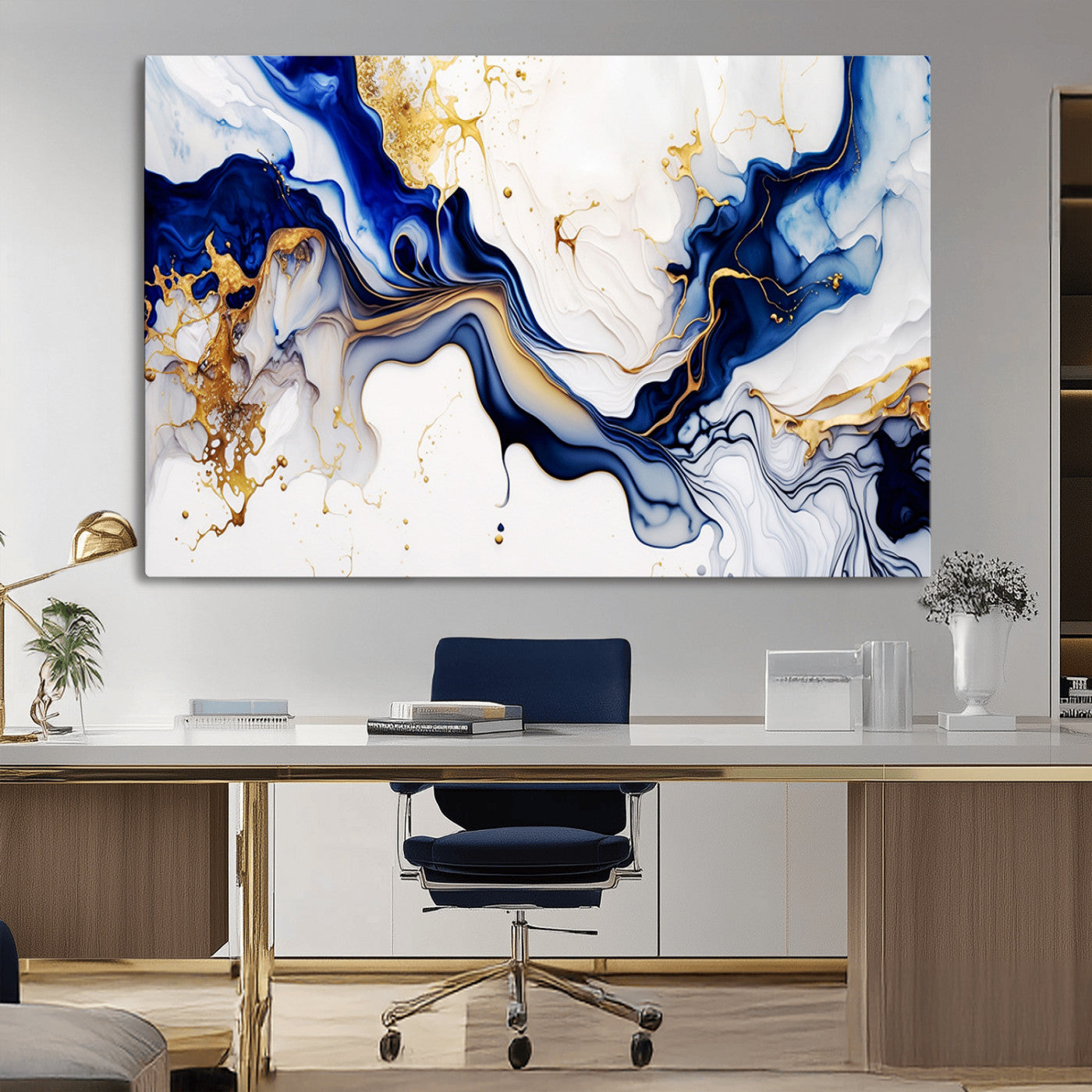93392-MGV-CV-36X24-Golden Cascades on Midnight Blue – Deep Blue Abstract Wall Art Flowing Elegance | Wall Art Canvas,