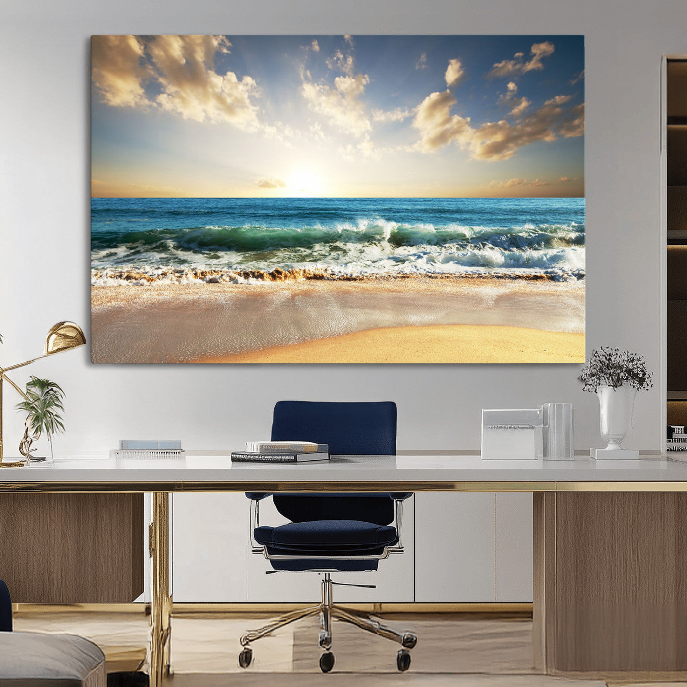 83376-MGV-CV-36X24-Golden Sunset Beach Triptych Canvas Wall Art for Living Room – 3-Panel Ocean View, Framed & Ready to