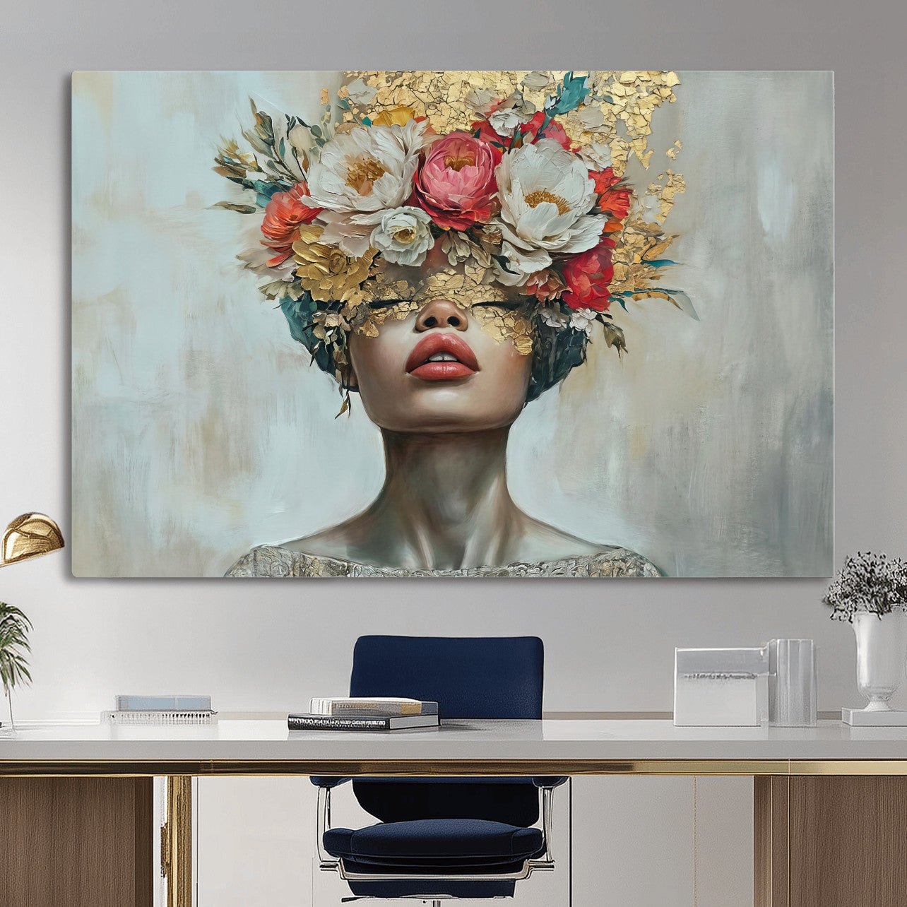 26919-MGV-CV-36X24 - Golden Petal Wall Art Canvas Print - Silhouette Woman Wall Art Canvas Print, Floral Woman Portrait