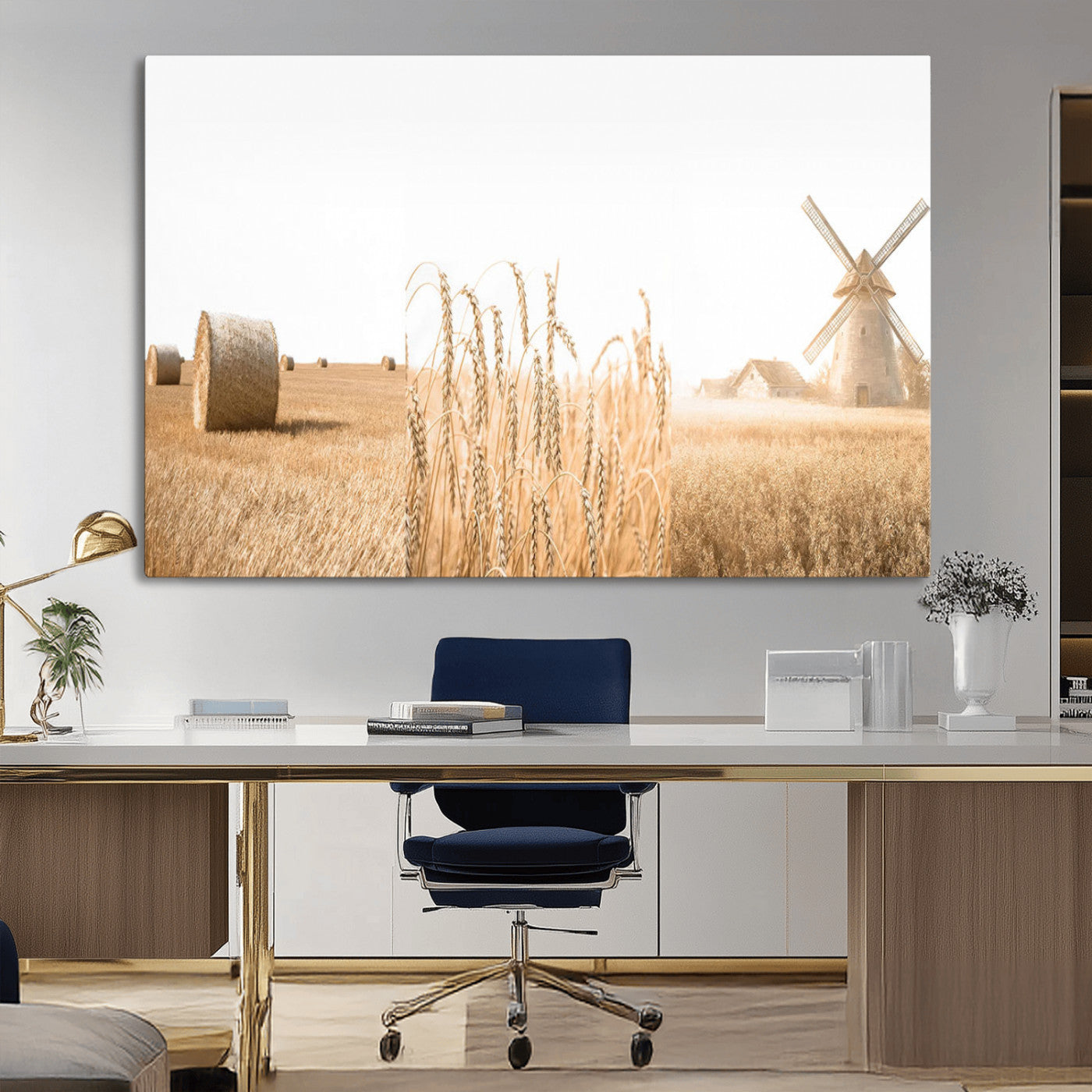 88780-MGV-CV-36X24-Vintage Farmhouse Triptych Wall Art – Giclée Canvas Featuring Wheat Fields, Hay Bales, and a