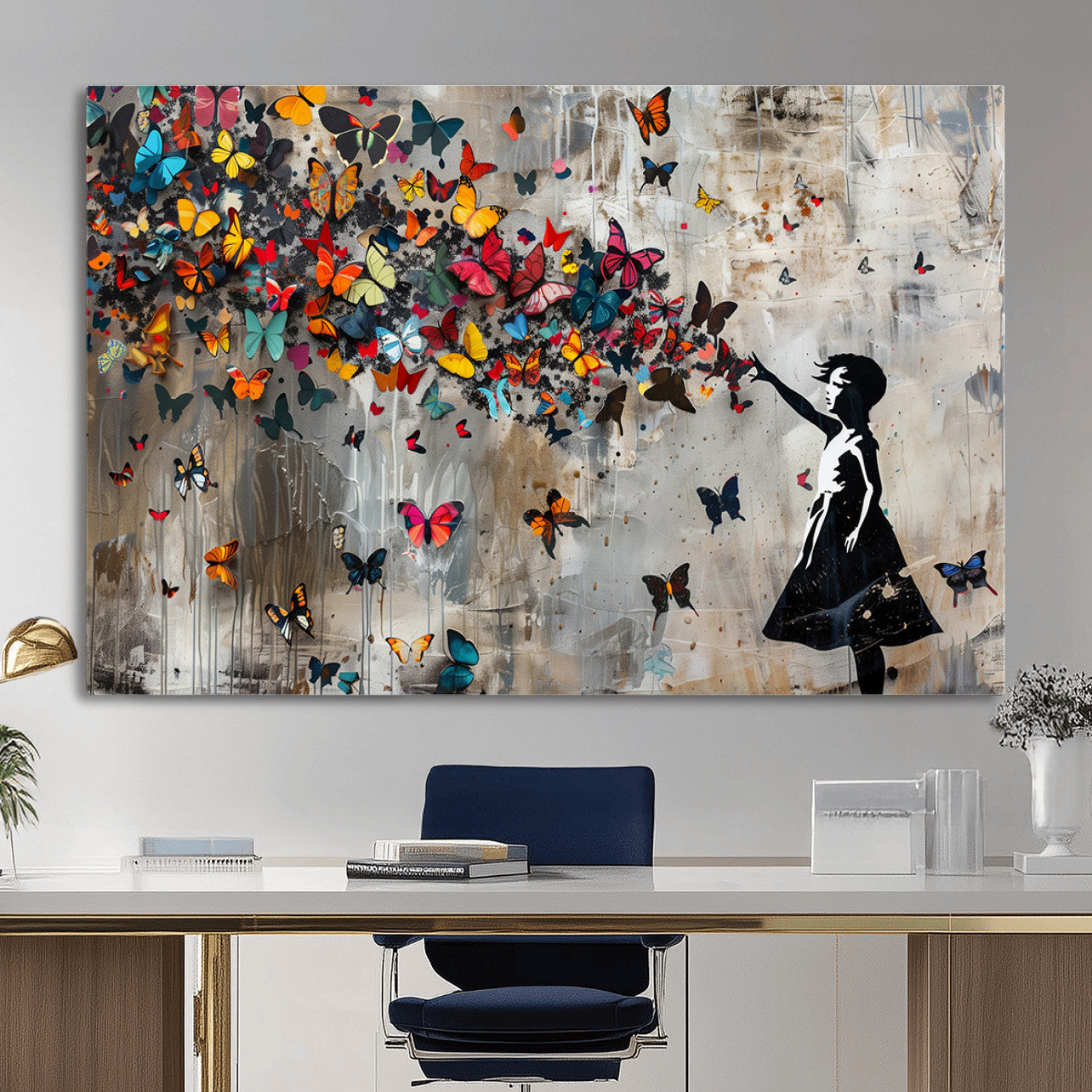 40269-MGV-CV-36X24 - Banksy Wall Art - Banksy Girl and Butterfly Explosion Wall Art Canvas Print | Girl with Butterflies