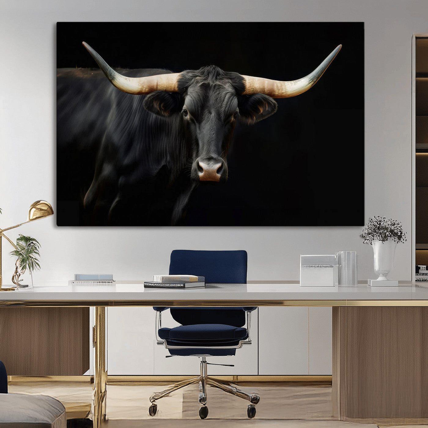 -Black Bull Wall Art – Majestic Longhorn Canvas Print with Dark Background, Rustic Western Farmhouse Decor for Living Room or Office