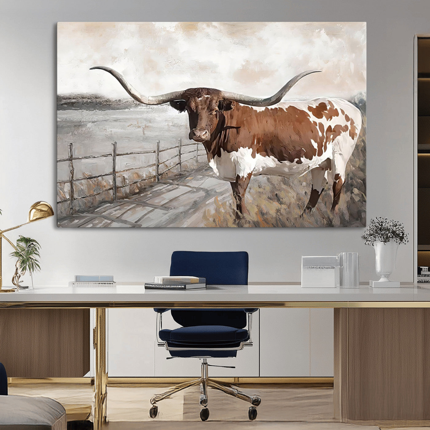 57340-MGV-CV-36X24-Vintage Texas Cow Wall Art Canvas Print, Rustic Longhorn Wall Art | Canvas Print for Farmhouse Decor