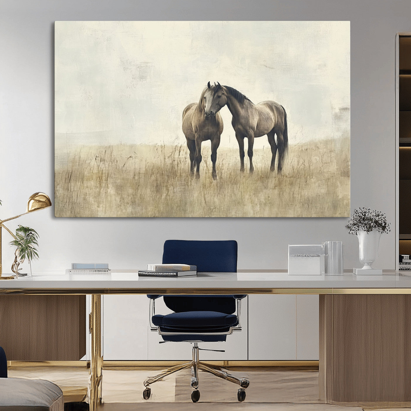 -Chines Style Grunge Horses Wall Art Canvas Print