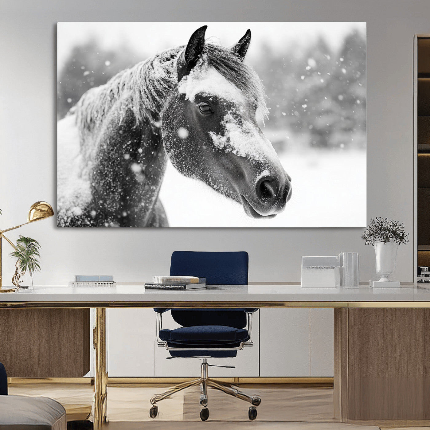 13358-MGV-CV-36X24-Black Horse Winter Wall Art | Ready to Hang and Framed | Farmhouse and Western Wall Decor for Living Room