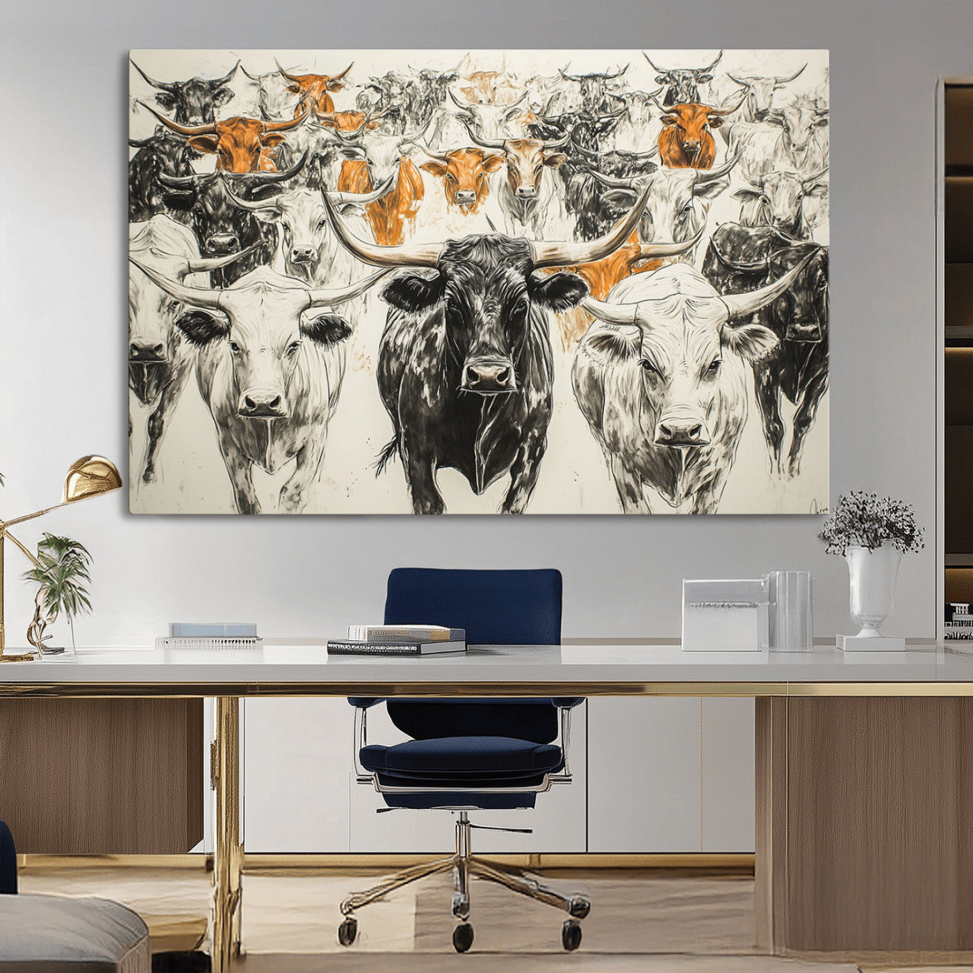 79794-MGV-CV-36X24-Farmhouse Wall Art | Western Longhorn Cattle Canvas Print | Ready to Hang and Framed Barn Decor