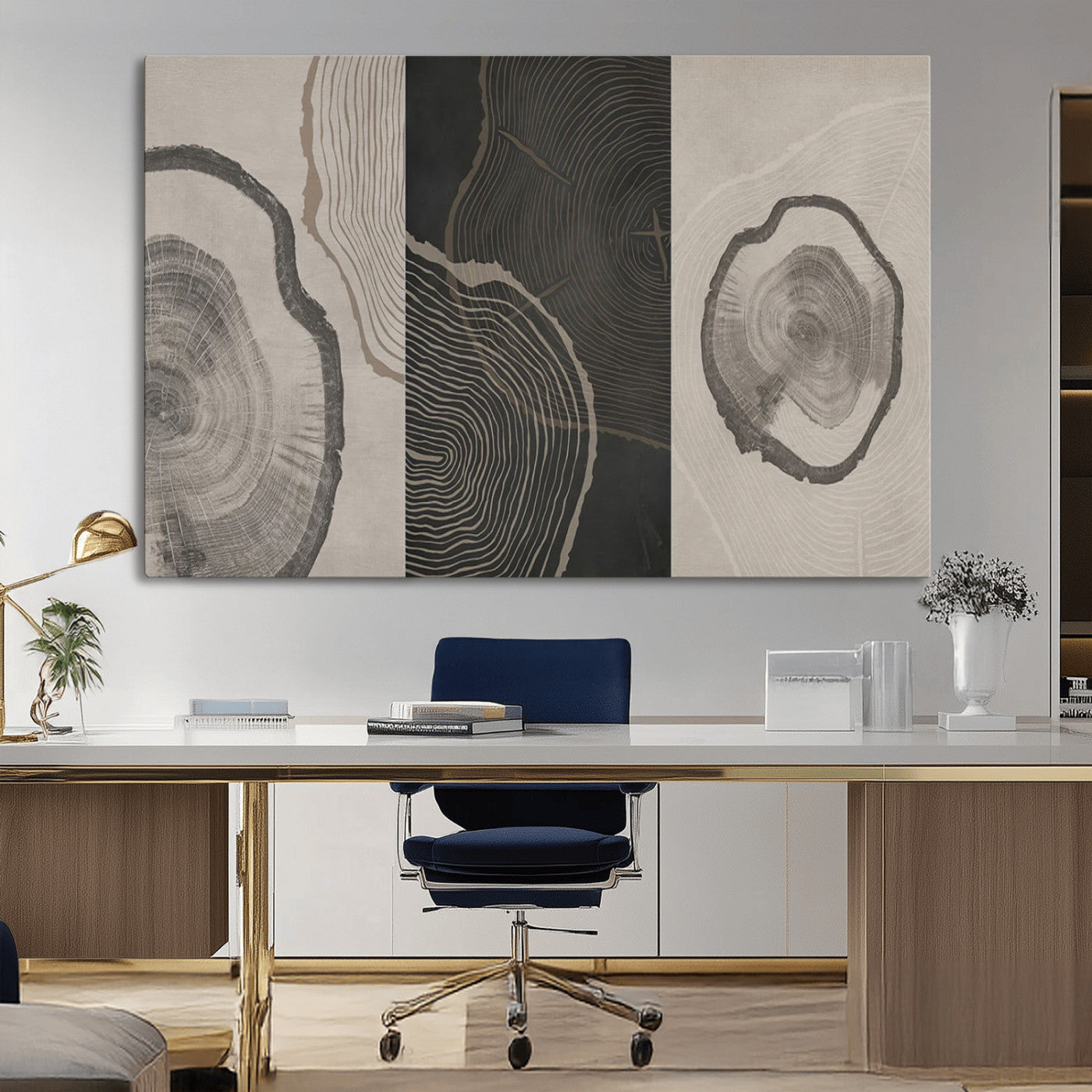 25407-MGV-CV-36X24-Modern Abstract Tree Ring Canvas Art Set | 3 Panel Large Tree Ring Design for Living Room, Office,