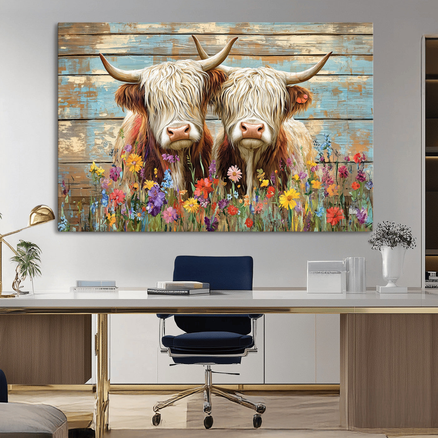 -Cute Highland Cow Canvas Wall Art - Rustic Farmhouse Decor with Colorful Flowers Perfect Wall Art