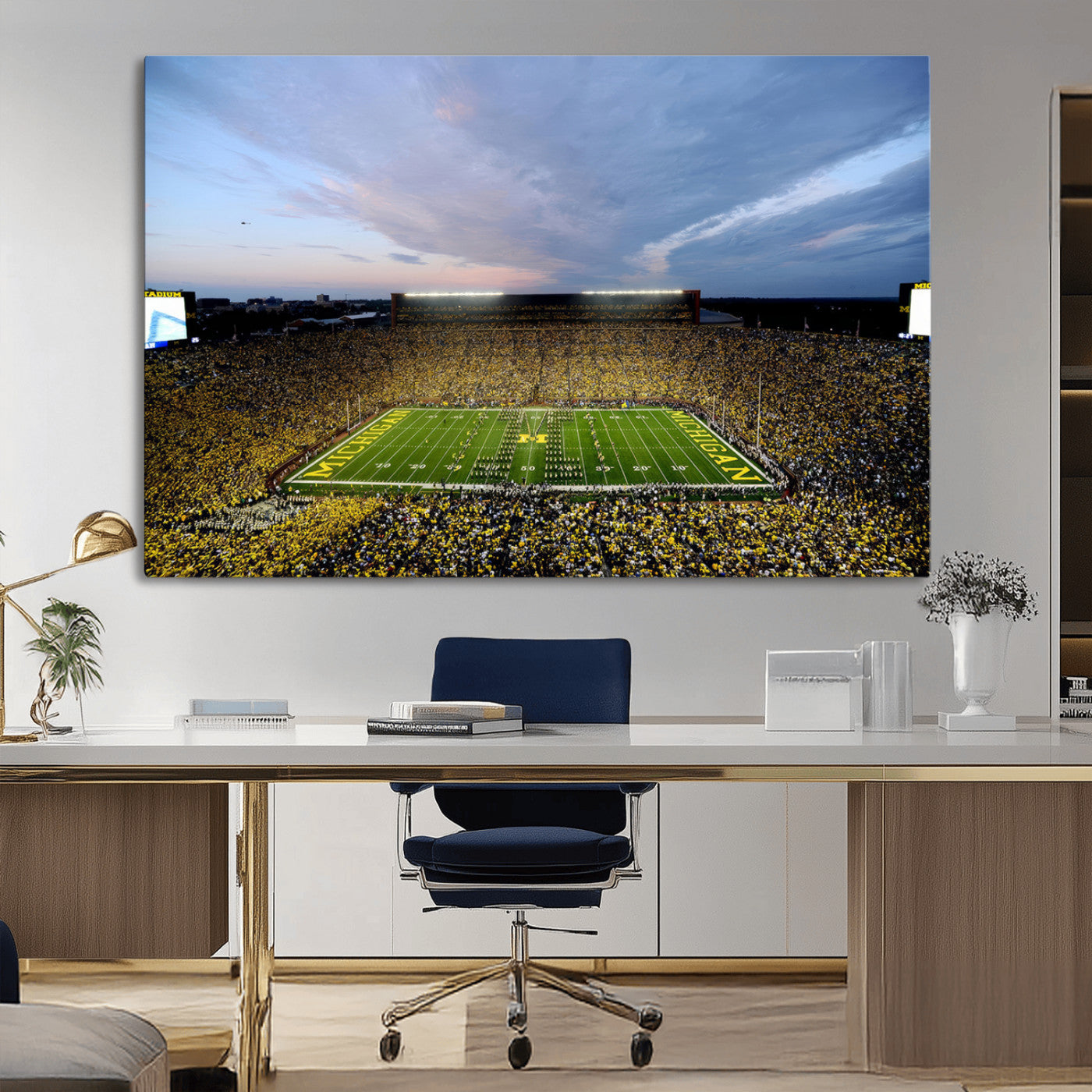 82641-MGV-CV-36X24-Michigan Stadium Wall Art Canvas Print – Framed Football Field Scene with Marching Band Artwork for Home, Office