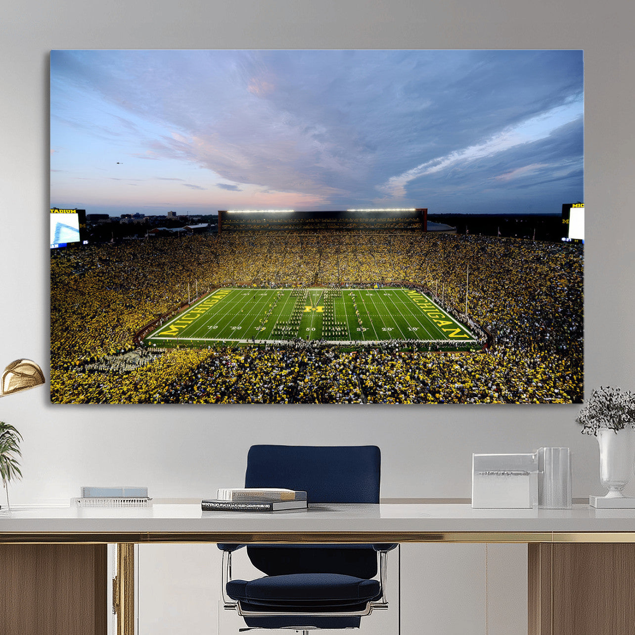 82641-MGV-CV-36X24 - Michigan Stadium Wall Art Canvas Print, Vibrant Game Day Crowd and Sunset Sky Football Field Artwork for Home, Office