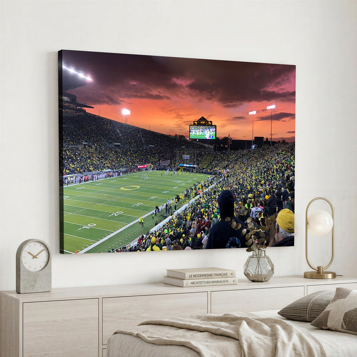 75065-PAN-FL-20X10 - Eugene Autzen Stadium Canvas Wall Art Print – Sunset Over Iconic Football Field Wall Decor for Home