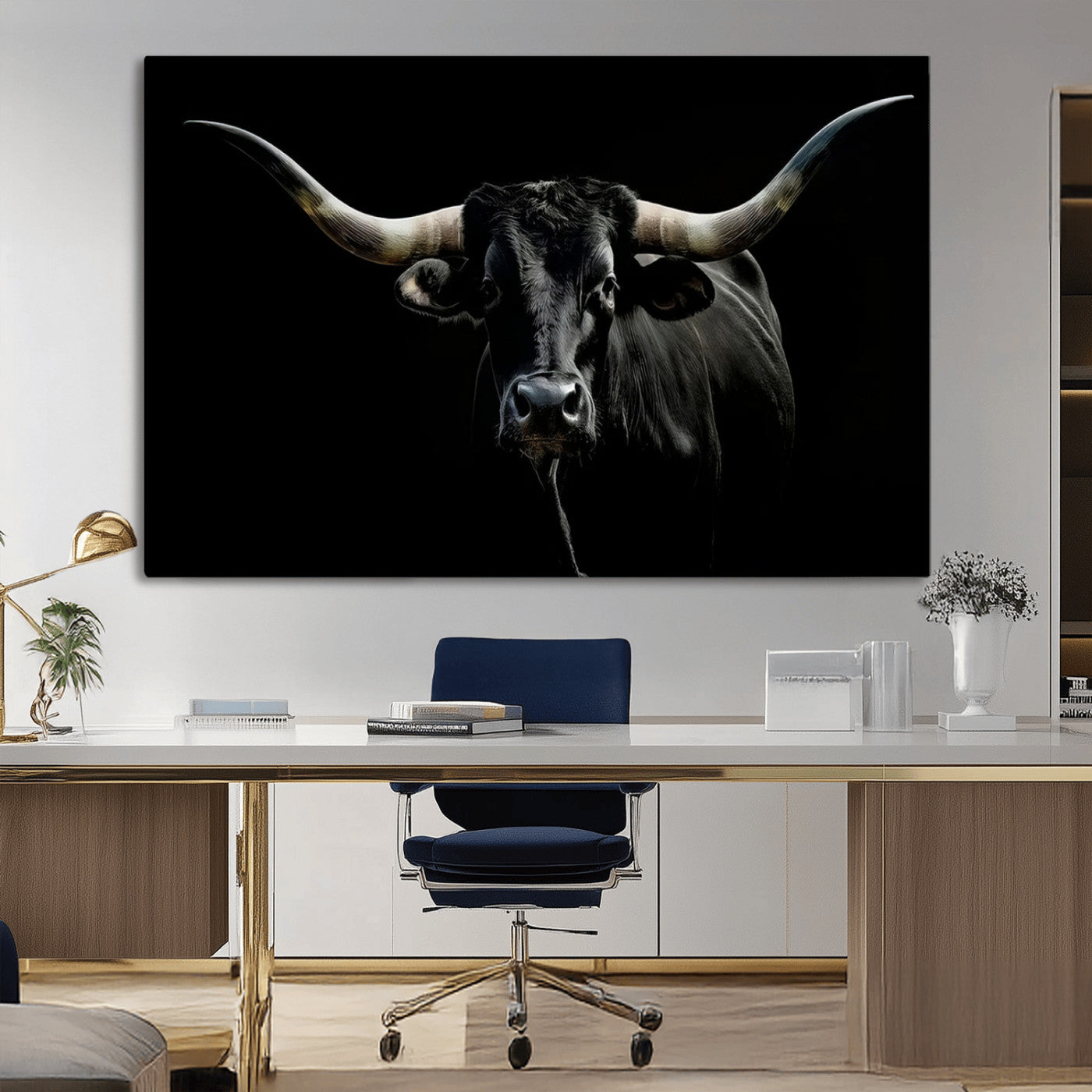 20679-MGV-CV-36X24-Texas Black Longhorn Bull Wall Art Canvas Print - Western Texas Cattle Rustic Decor Print - Longhorn