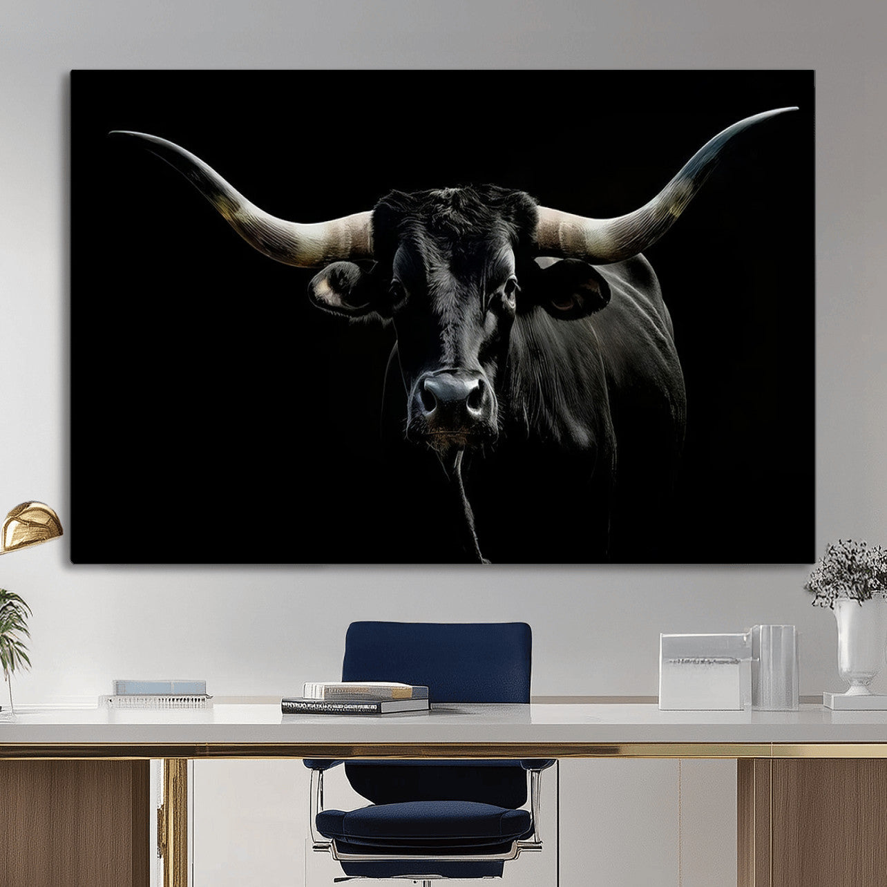 20679-MGV-CV-36X24 - Texas Black Longhorn Bull Wall Art Canvas Print - Western Texas Cattle Rustic Decor Print - Longhorn