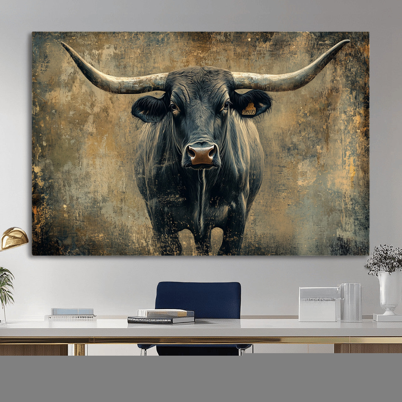 57385-MGV-CV-36X24 - Longhorn Bull Wall Art Canvas Print, Framed Rustic Cow Art Picture Print, Texas Longhorn Perfect Western Decor Artwork
