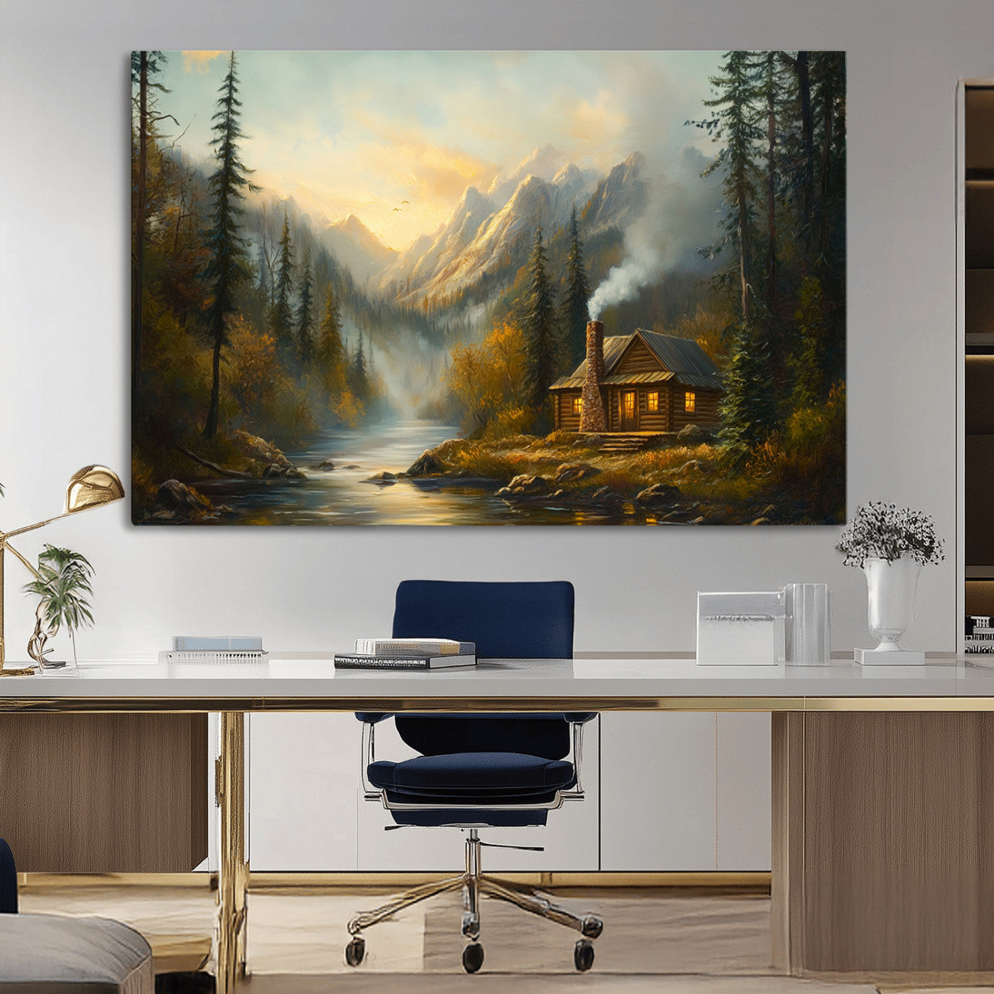 76464-MGV-CV-36X24-Wood Cabin Retreat Mountain at Sunset Wall Art Print - Serene Forest and River Landscape Wall Art