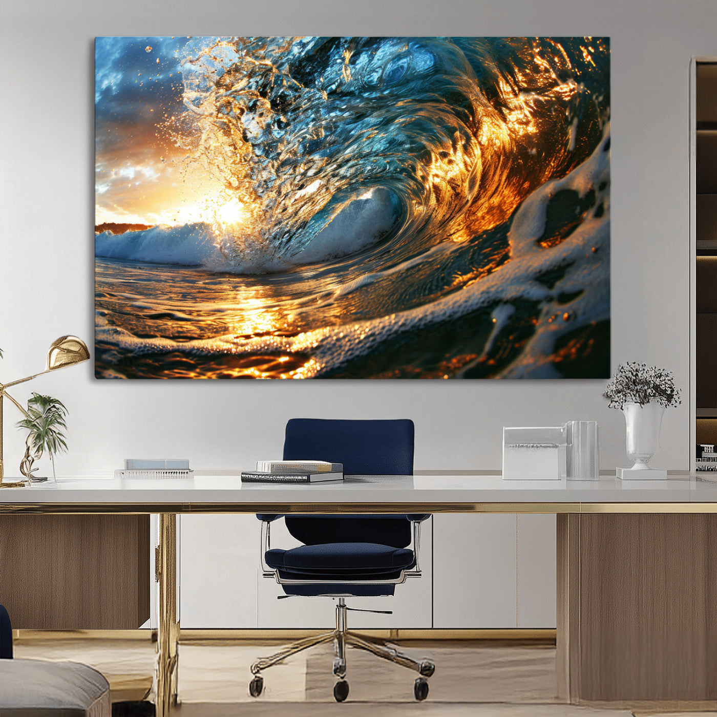 41370-MGV-CV-36X24-Ocean Wave at Sunset Canvas Wall Art – Vibrant Coastal Beach Waves Print, Large Nautical Decor,