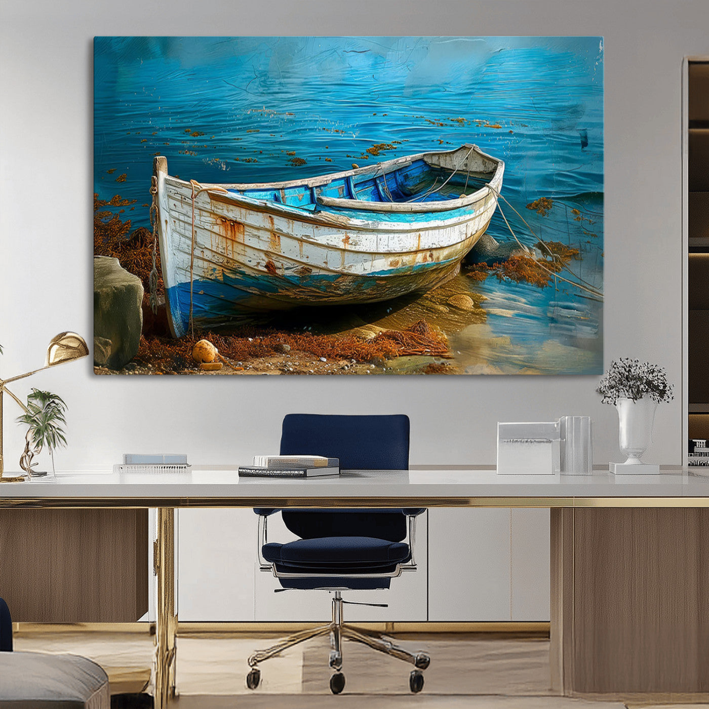 54716-MGV-CV-36X24-Vintage Boat on Tranquil Waters | Coastal Wall Art for Nautical Decor | Rustic Triptych Canvas Print