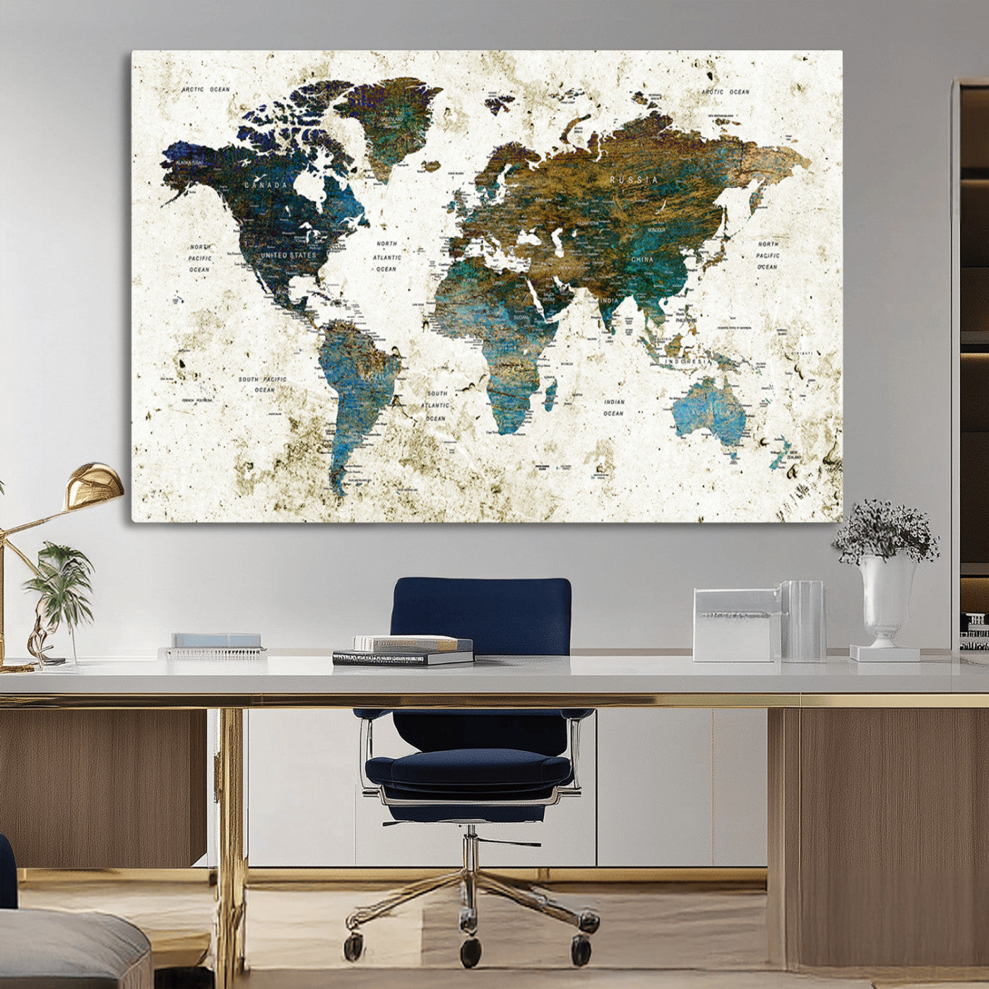 89176-MGV-CV-36X24-Vintage Blue and Brown World Map Canvas Wall Art – Framed Rustic Map Print, Earth Tone Travel Decor for Stylish Home and Office Walls