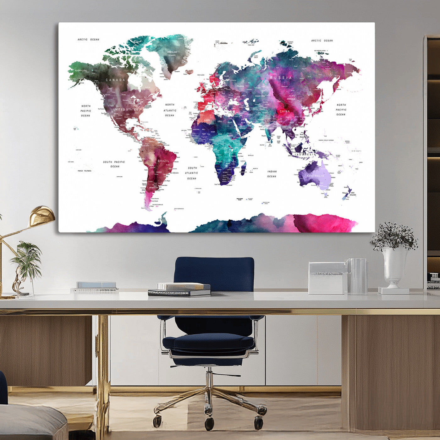 78176-MGV-CV-36X24-Colorful Watercolor World Map Canvas Wall Art – Framed Modern Map Print, Vibrant Travel Inspired Artwork for Home and Office Decor