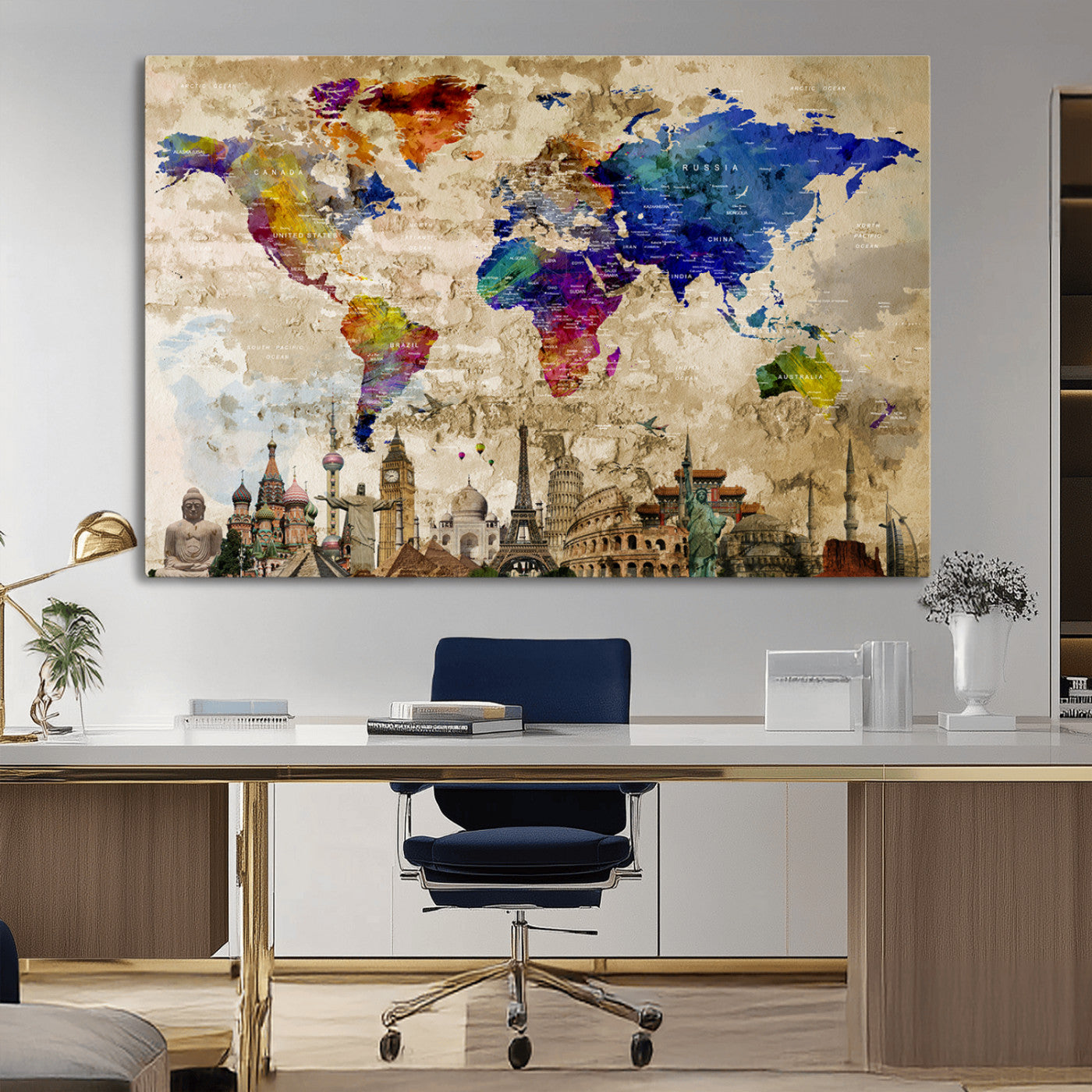 12168-MGV-CV-36X24-Push Pin World Map Canvas Print – Framed Travel Tracker Wall Art for Couples, Anniversary Gift and Modern Home Decor