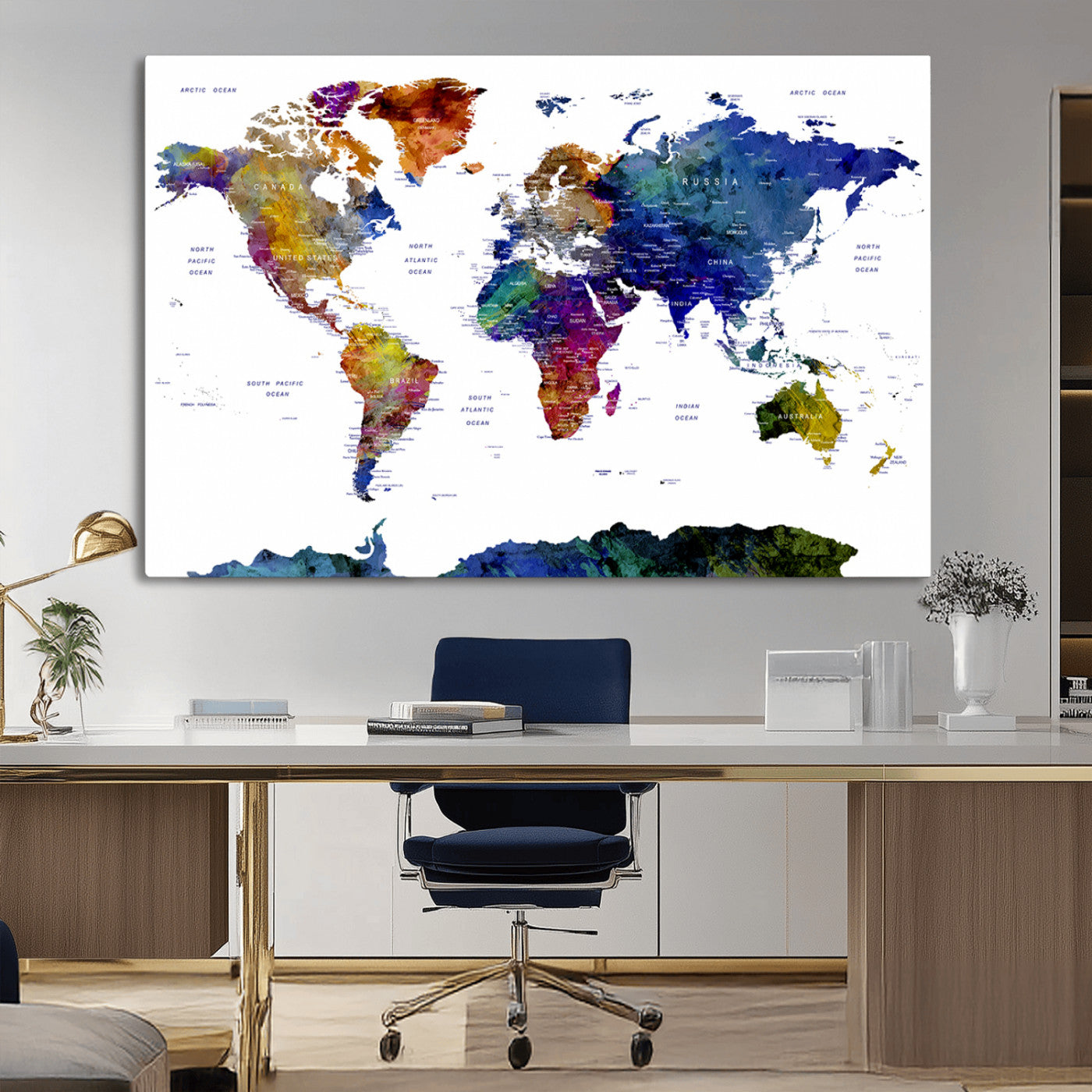 90446-MGV-CV-36X24-Colorful Watercolor World Map Canvas Wall Art – Framed Modern Push Pin Travel Map for Home and Office Decor