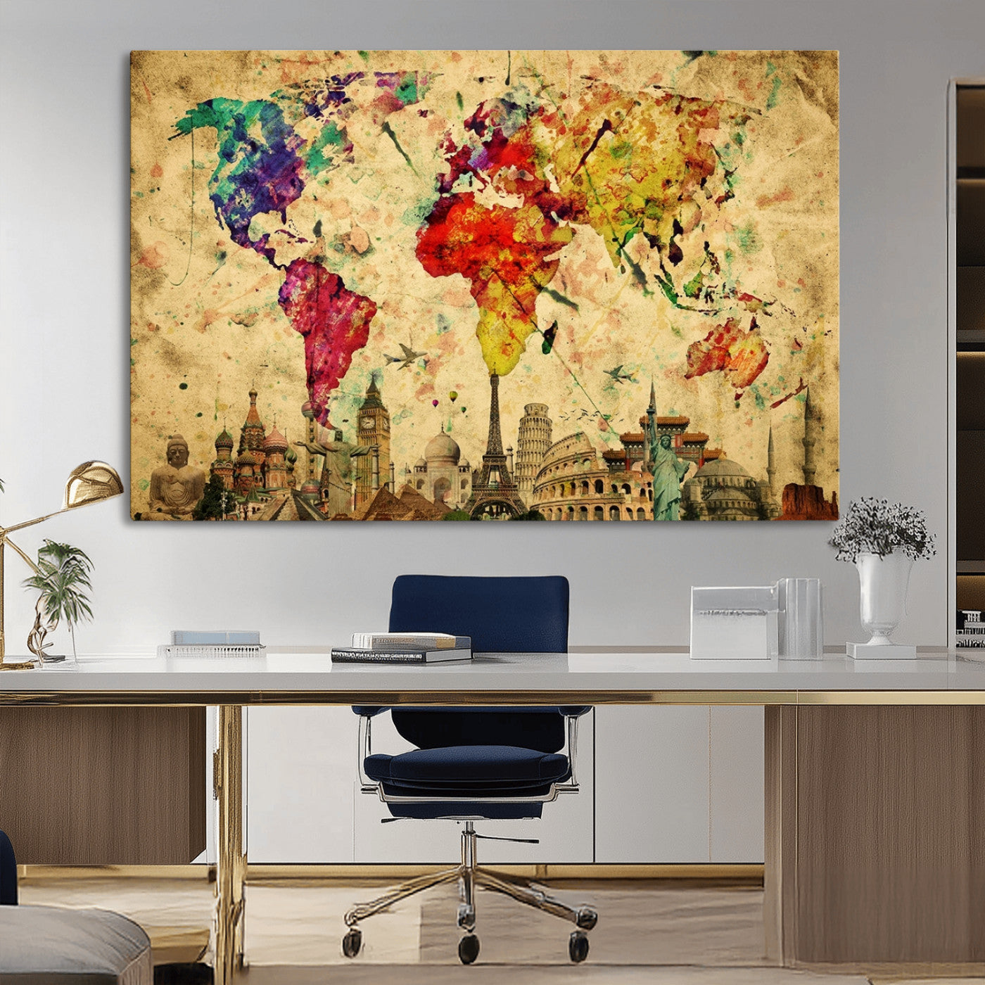 24467-MGV-CV-36X24-Colorful Watercolor World Map Canvas Wall Art – Framed Landmark Travel Map Print, Vibrant Global Artwork for Home and Office Decor