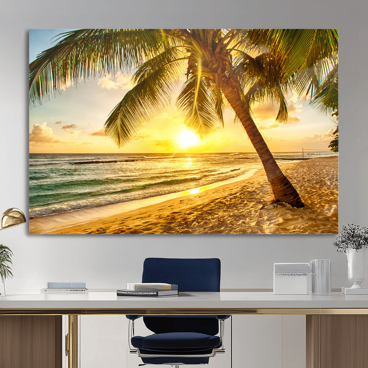 33628-MGV-CV-36X24 - Beach Sunset Canvas Wall Art Print - Tropical Beach Canvas Wall Art Print – Vibrant Palm Trees and