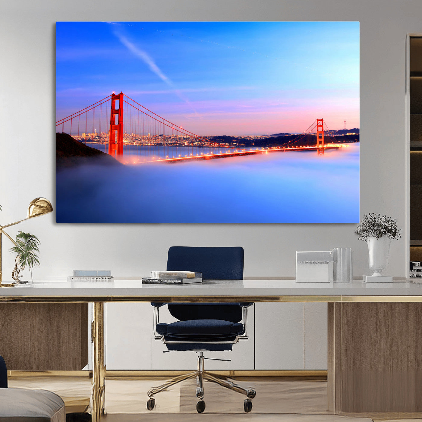 MGV-CV-36X24 - Golden Gate Bridge Wall Art Print, San Francisco Sunset Canvas Wall Art, Cityscape Canvas Print for