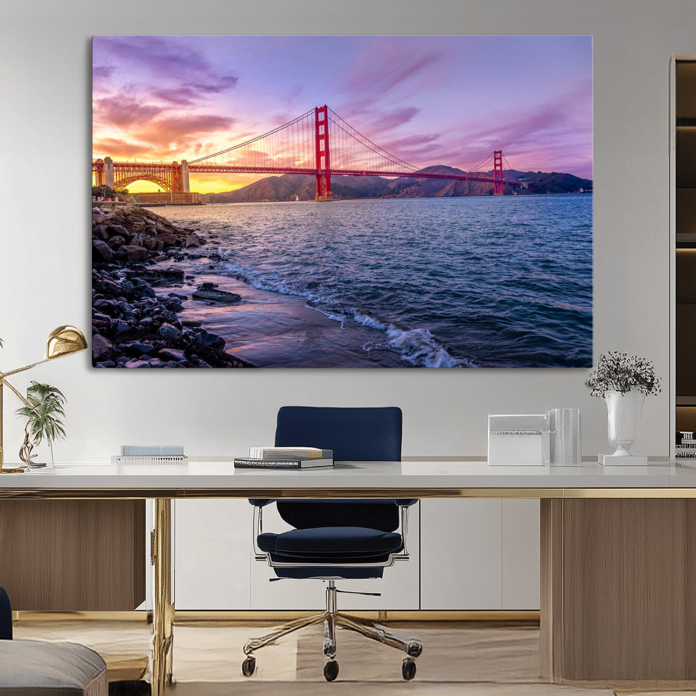 -Golden Gate Bridge Wall Art Canvas Print – Framed San Francisco Sunset Scene with Cityscape Artwork for Home, Office