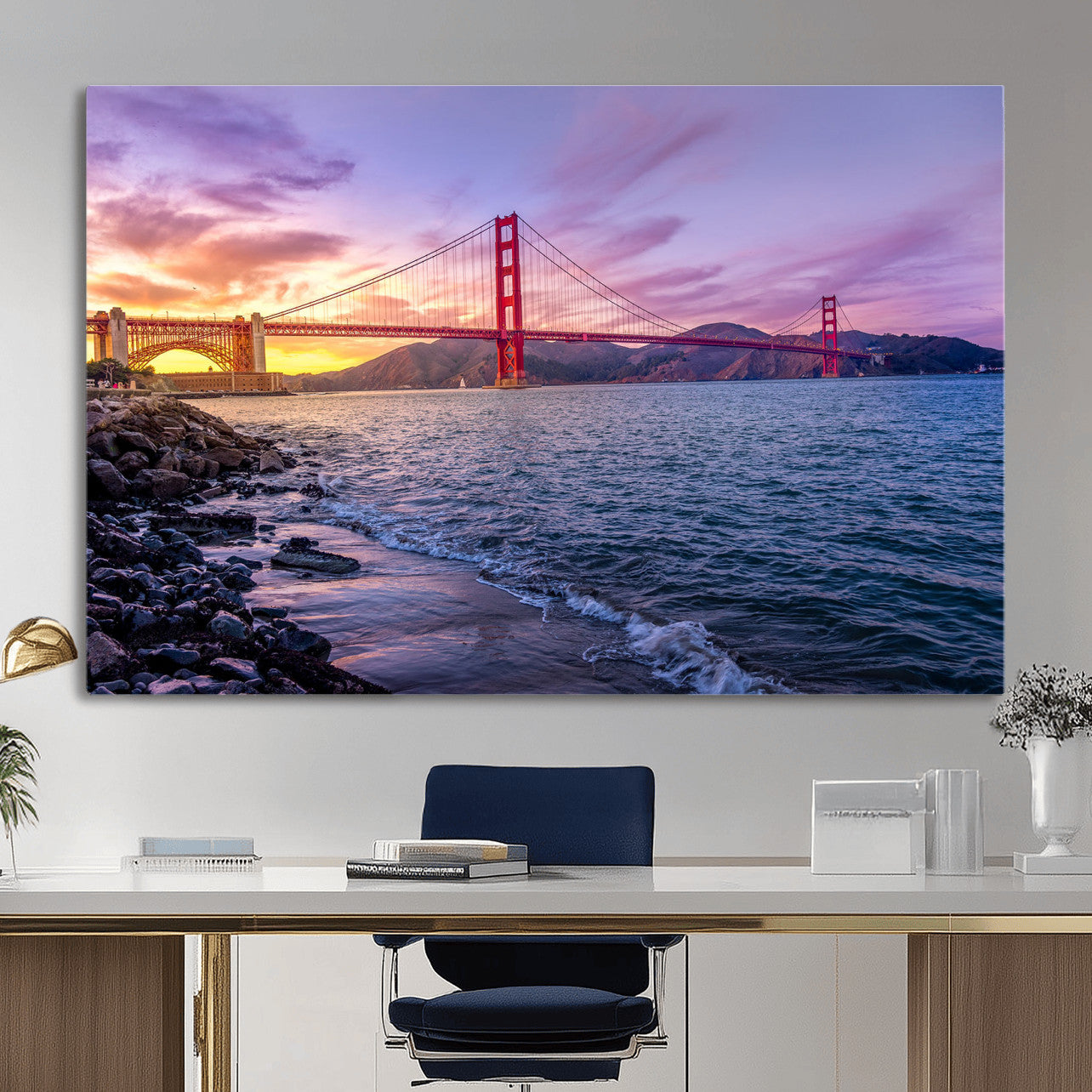 24256-MGV-CV-36X24 - Golden Gate Bridge Wall Art Print, San Francisco Sunset Canvas Wall Art, Cityscape Canvas Print for
