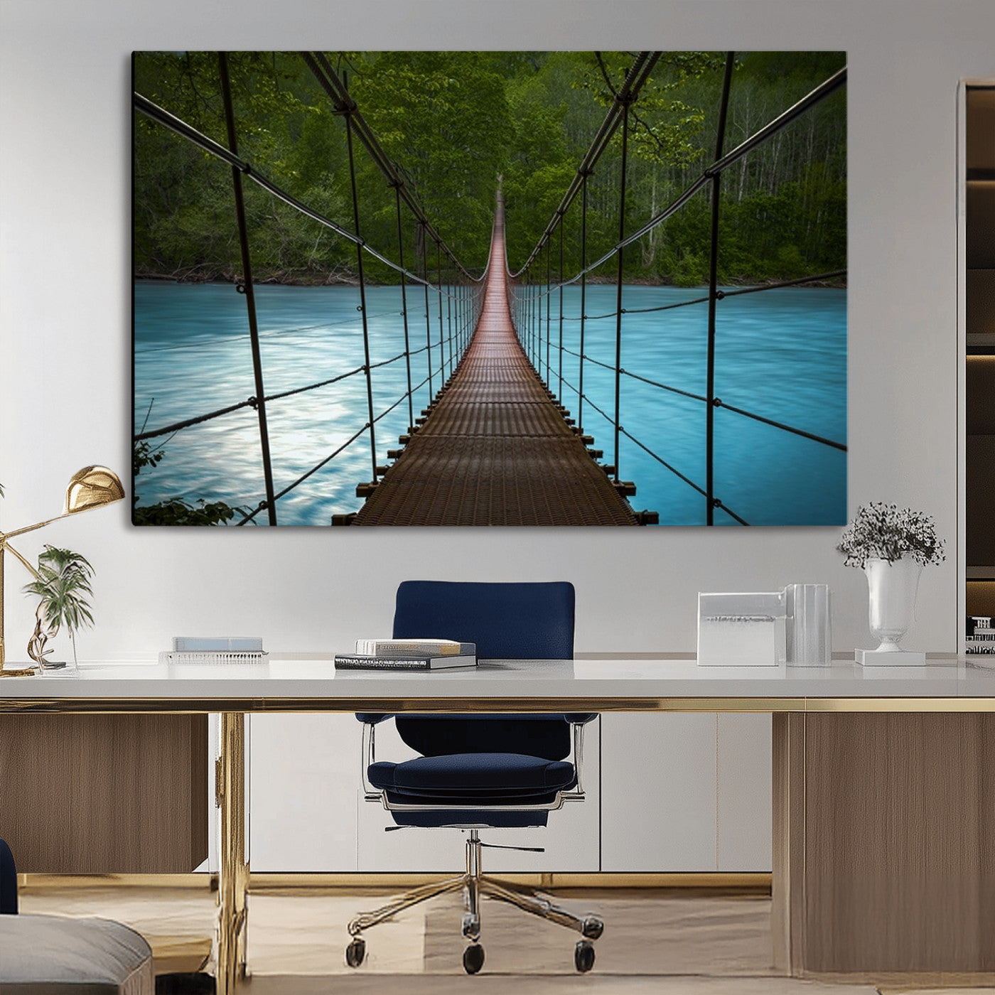 -Suspension Bridge Over River Canvas Art | 3-Panel Nature Photography | Scenic Wall Art for Living