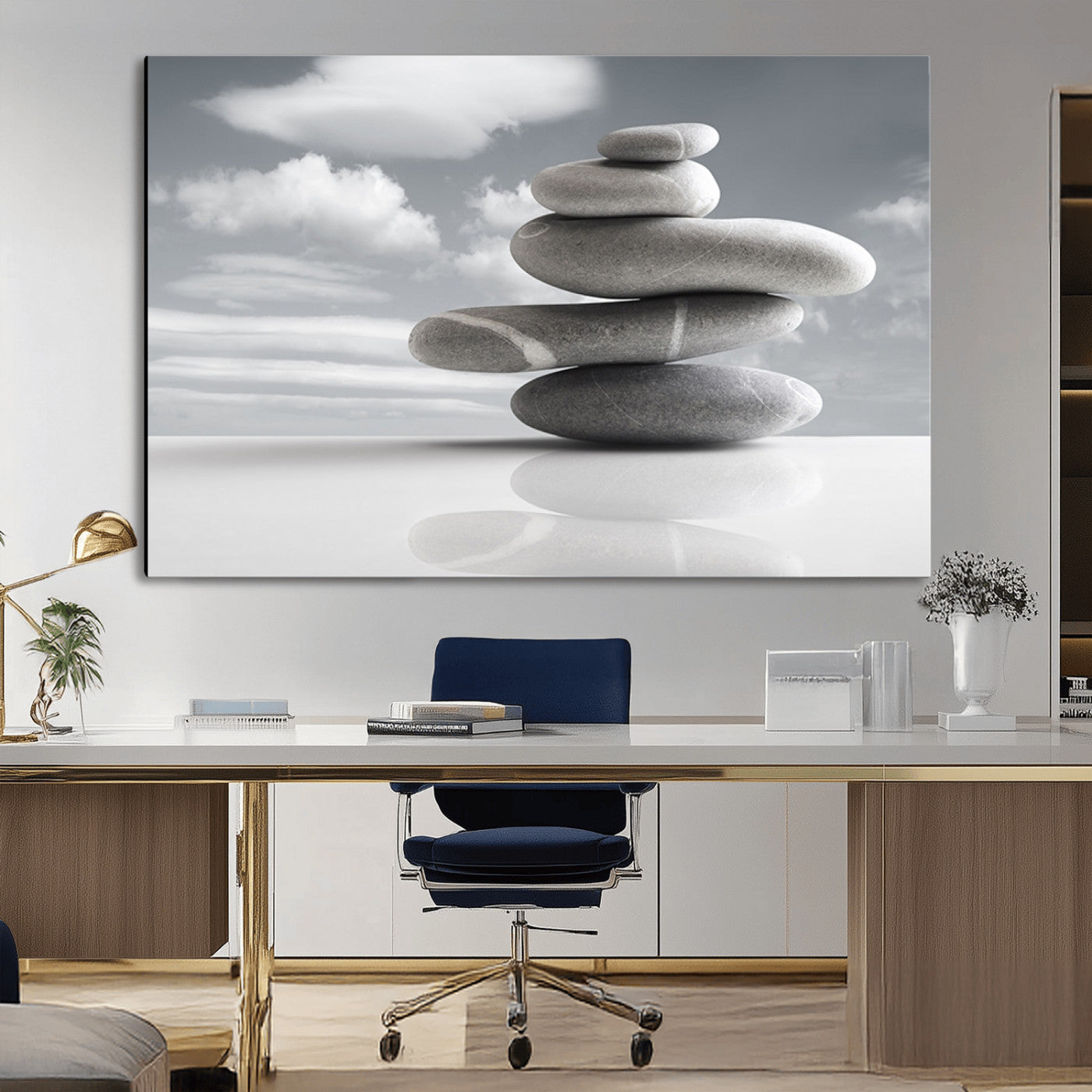 14496-MGV-CV-36X24-Still Life Black and White Zen Stones Wall Art Canvas, Framed Black and White Zen Stones Canvas