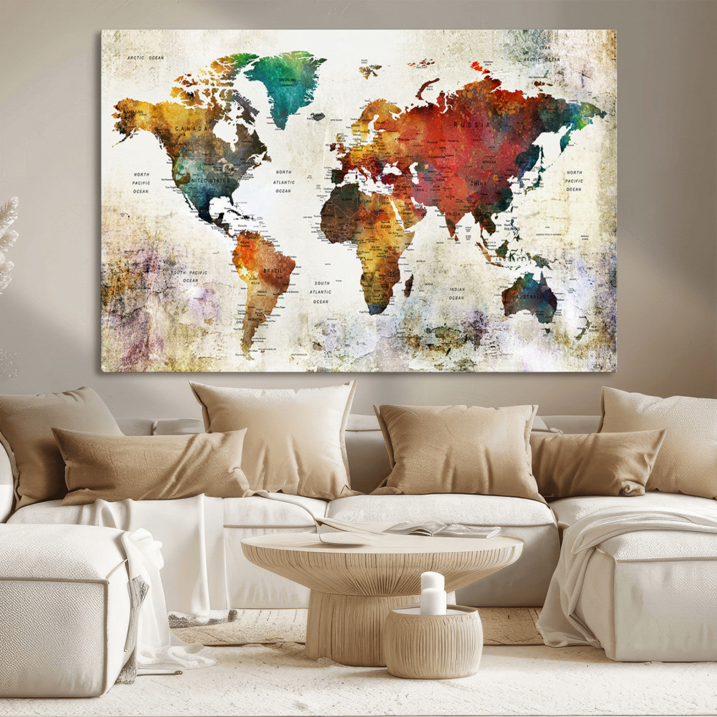 92207-MGV-CV-36X24-Watercolor World Map Canvas Print – Framed Push Pin Wall Art for Couples, Artistic Travel Map for Modern Home and Office Decor